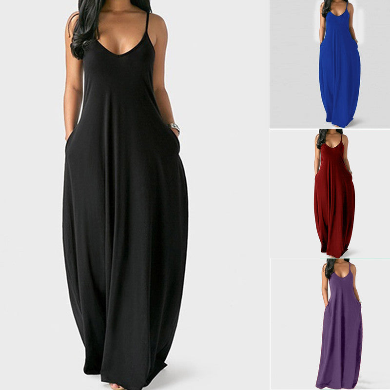 (S-5XL) Sturdy strappy dress with slanted pockets