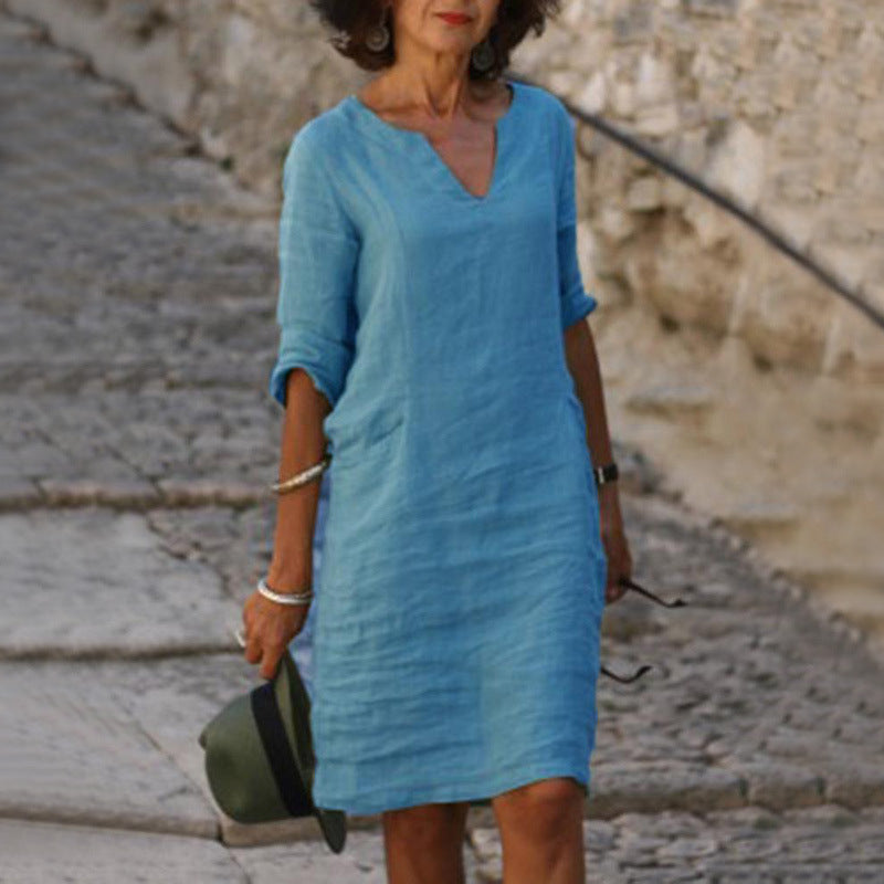 (S-5XL) Mid-length fitted cotton and linen dress