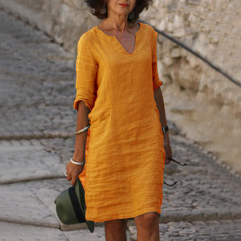 (S-5XL) Mid-length fitted cotton and linen dress