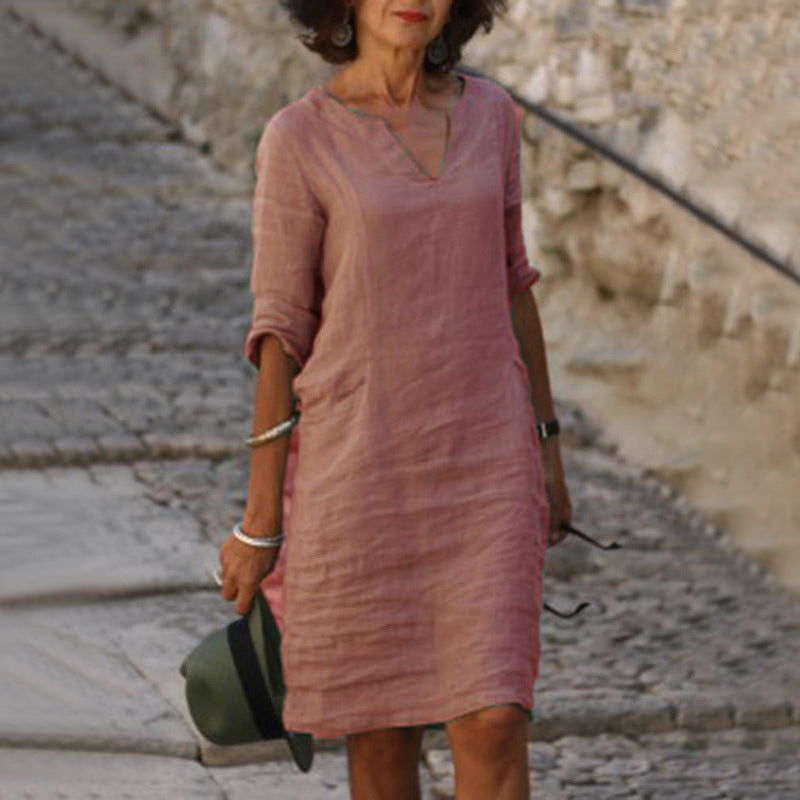(S-5XL) Mid-length fitted cotton and linen dress