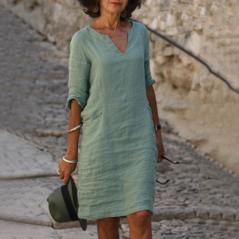 (S-5XL) Mid-length fitted cotton and linen dress