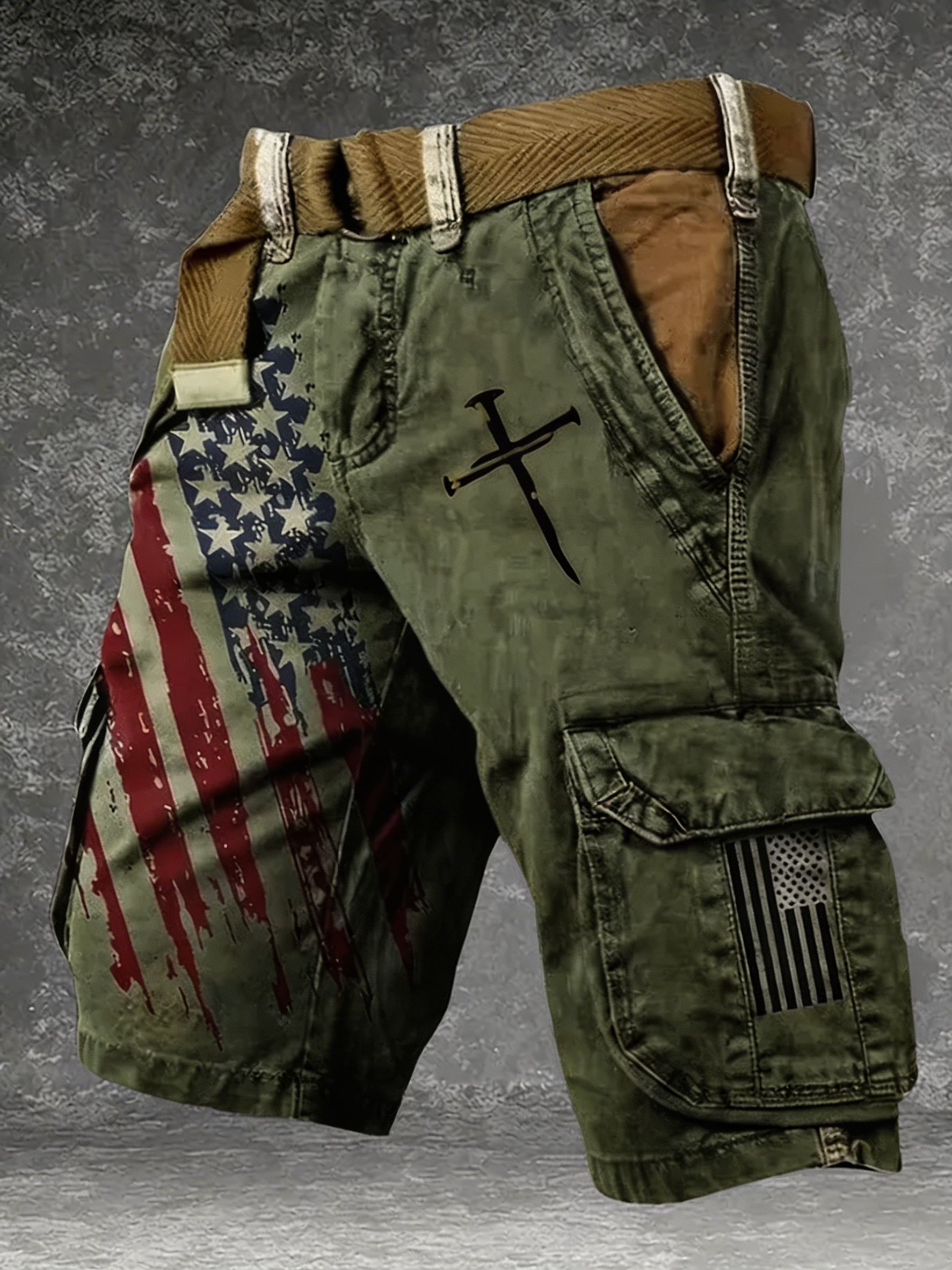 Patriotic Distressed Cargo Shorts, USA Flag Cross Graphic Multi-Pocket Casual Shorts