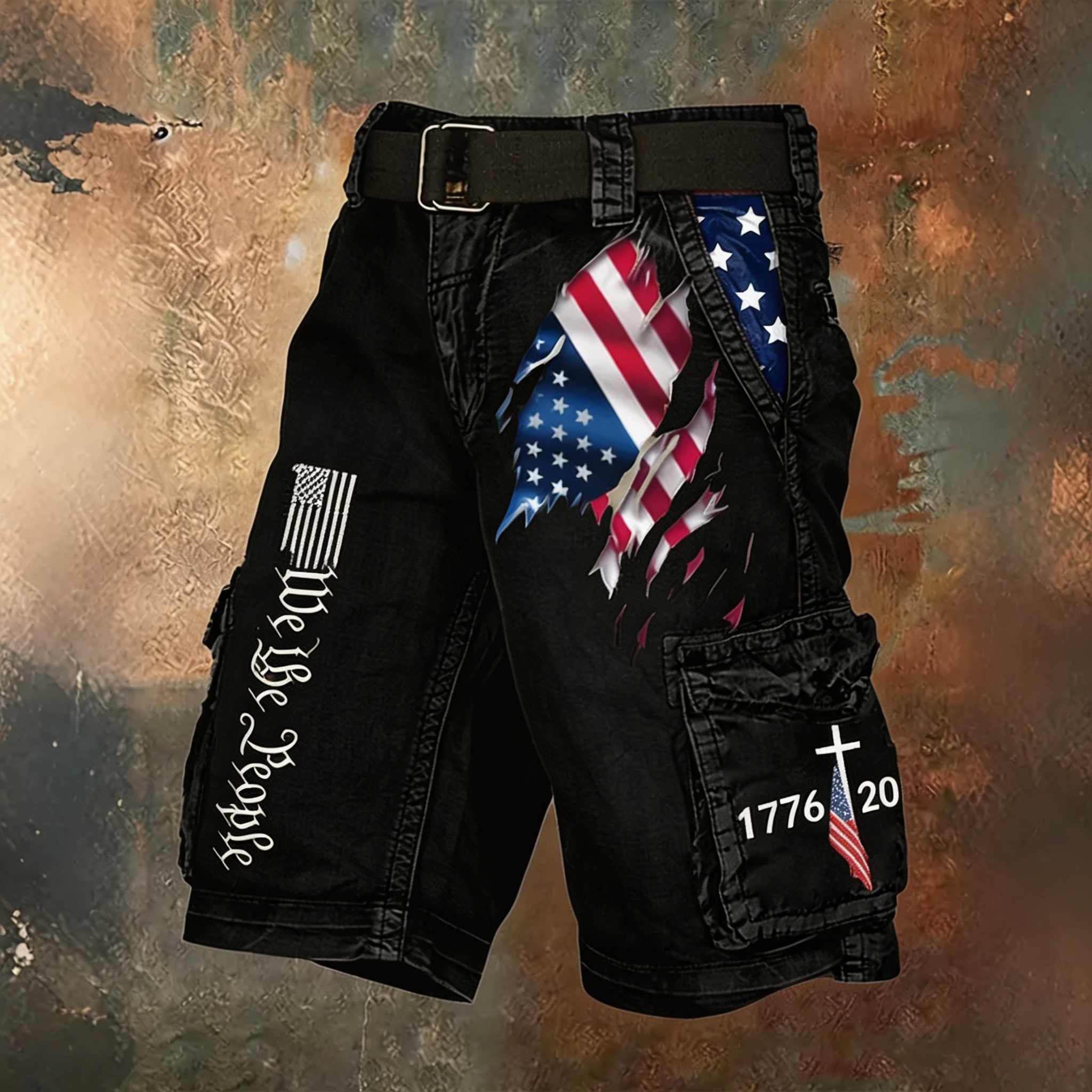 [Copy]Men's Retro Independence Day Flag Print Cargo Shorts