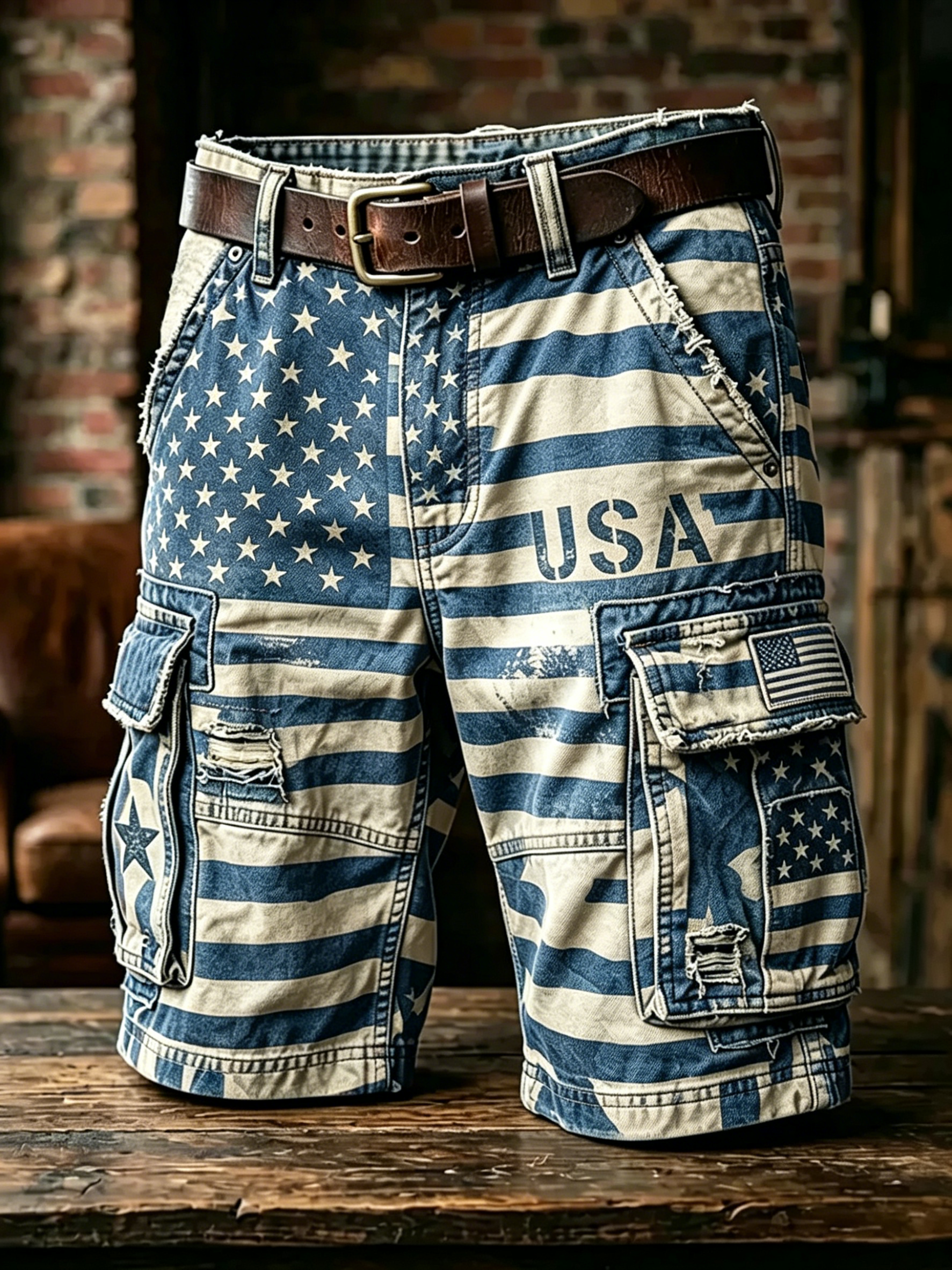 Vintage American Flag Print Cargo Shorts, Patriotic Distressed Multi-Pocket Casual Shorts