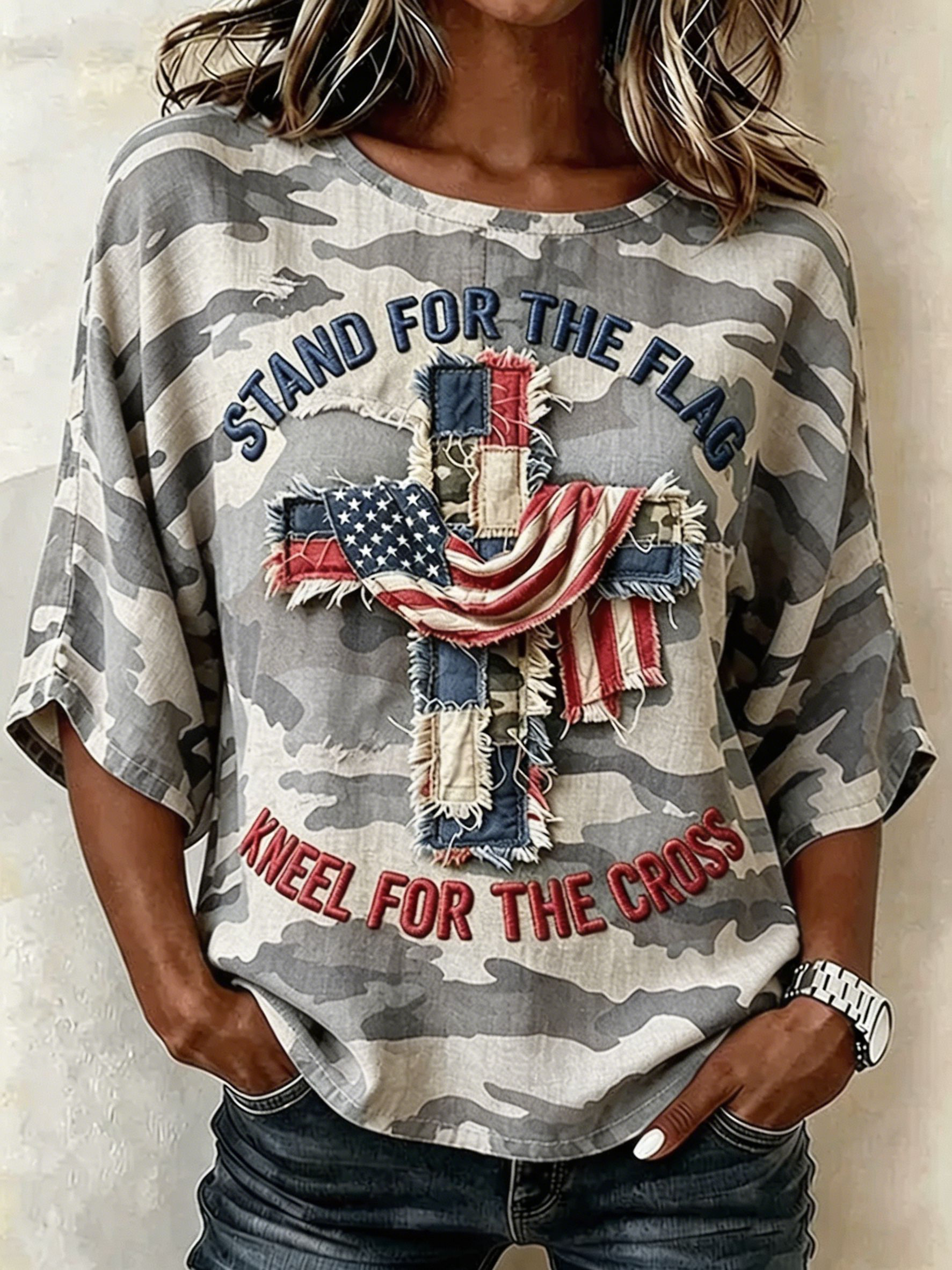 Stand For The Flag Kneel For The Cross Camo T-Shirt USA Flag Cross Graphic Tee