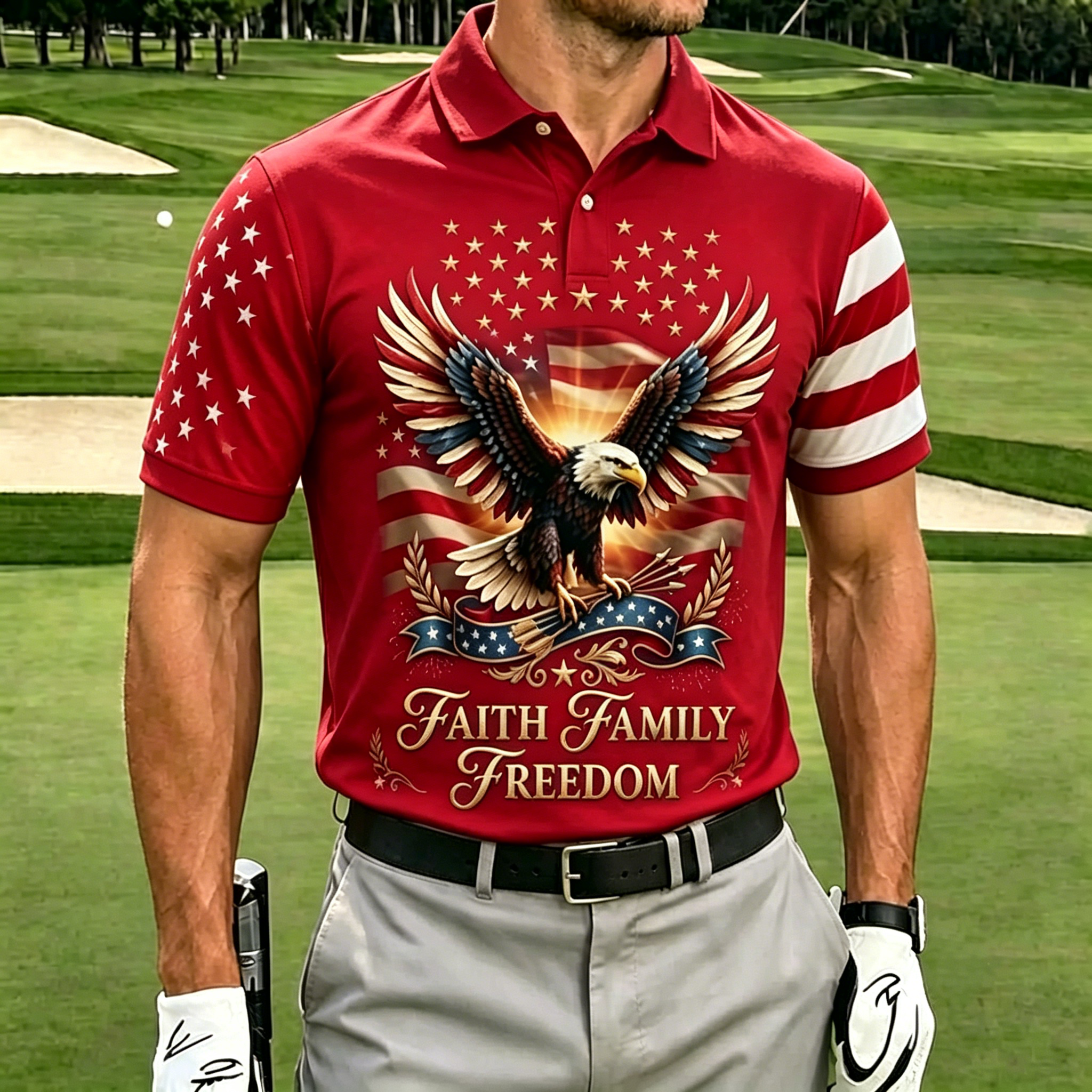 Faith Family Freedom Bald Eagle USA Flag Star Stripe Raglan Sleeve Men Navy Golf Polo Shirt