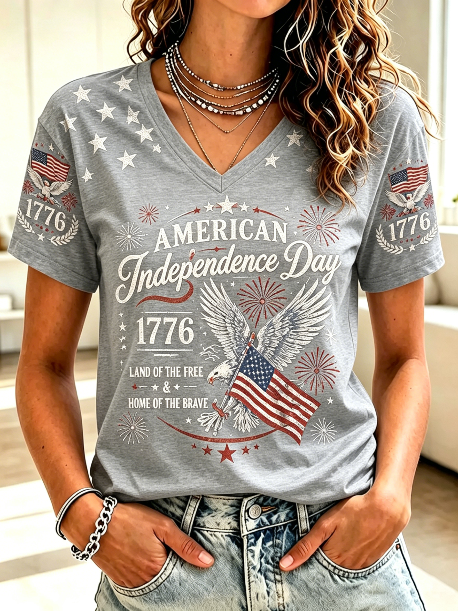 Independence Day Eagle Firework Star Sleeve Raglan V Neck Patriotic T-Shirt for Women