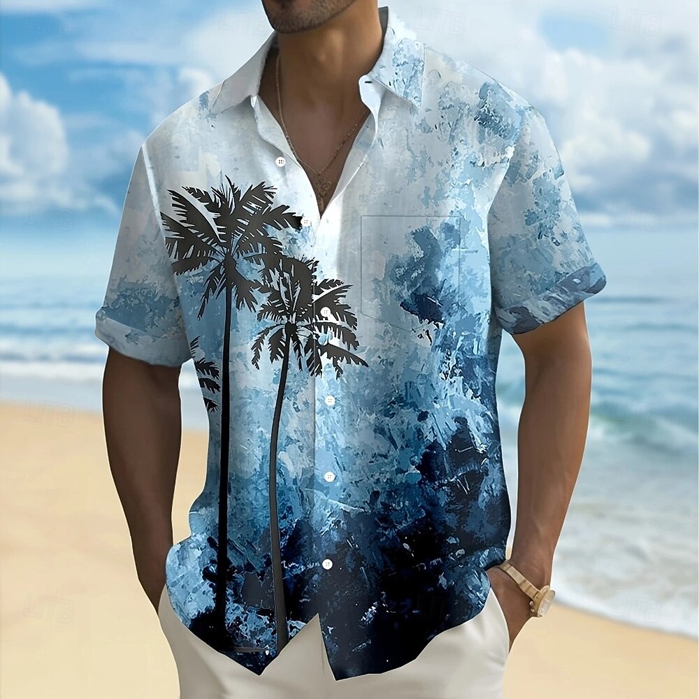 Gradient Palm Tree Print Lapel Pocket Short Sleeve Vacation Shirt for Men