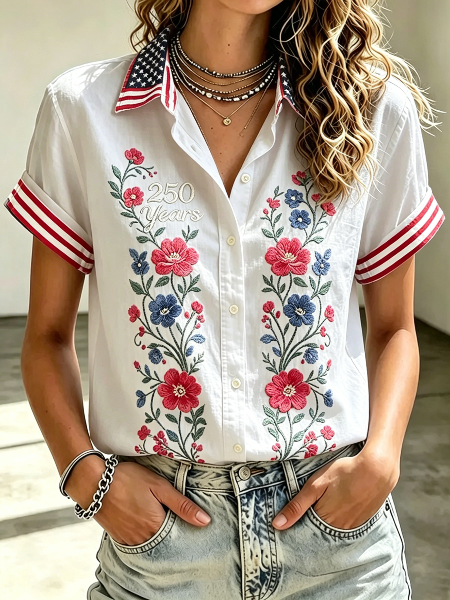 Floral Embroidery USA Flag Collar Patriotic Short Sleeve Button Shirt Women Casual Summer Blouse