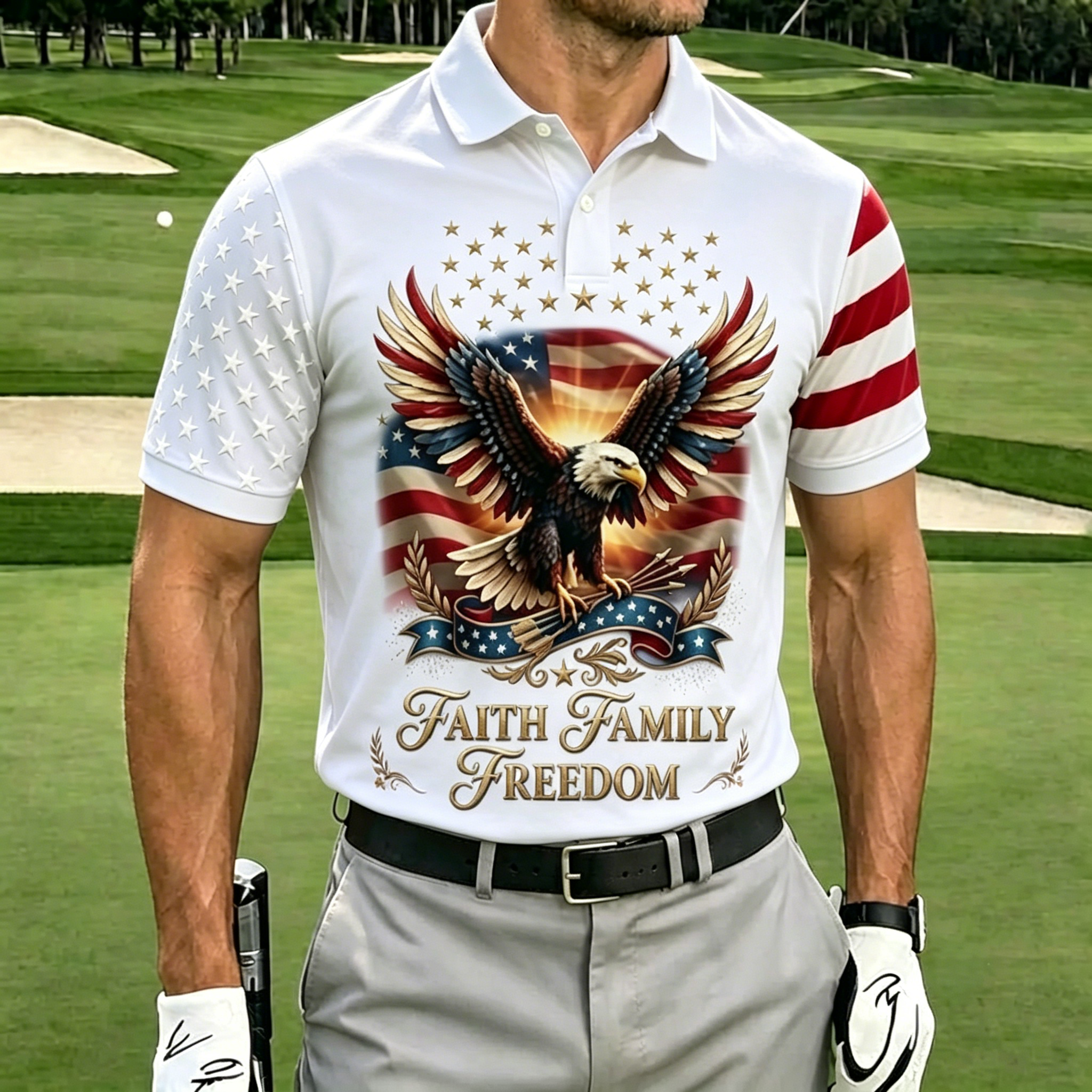 Faith Family Freedom Bald Eagle USA Flag Star Stripe Raglan Sleeve Men Navy Golf Polo Shirt