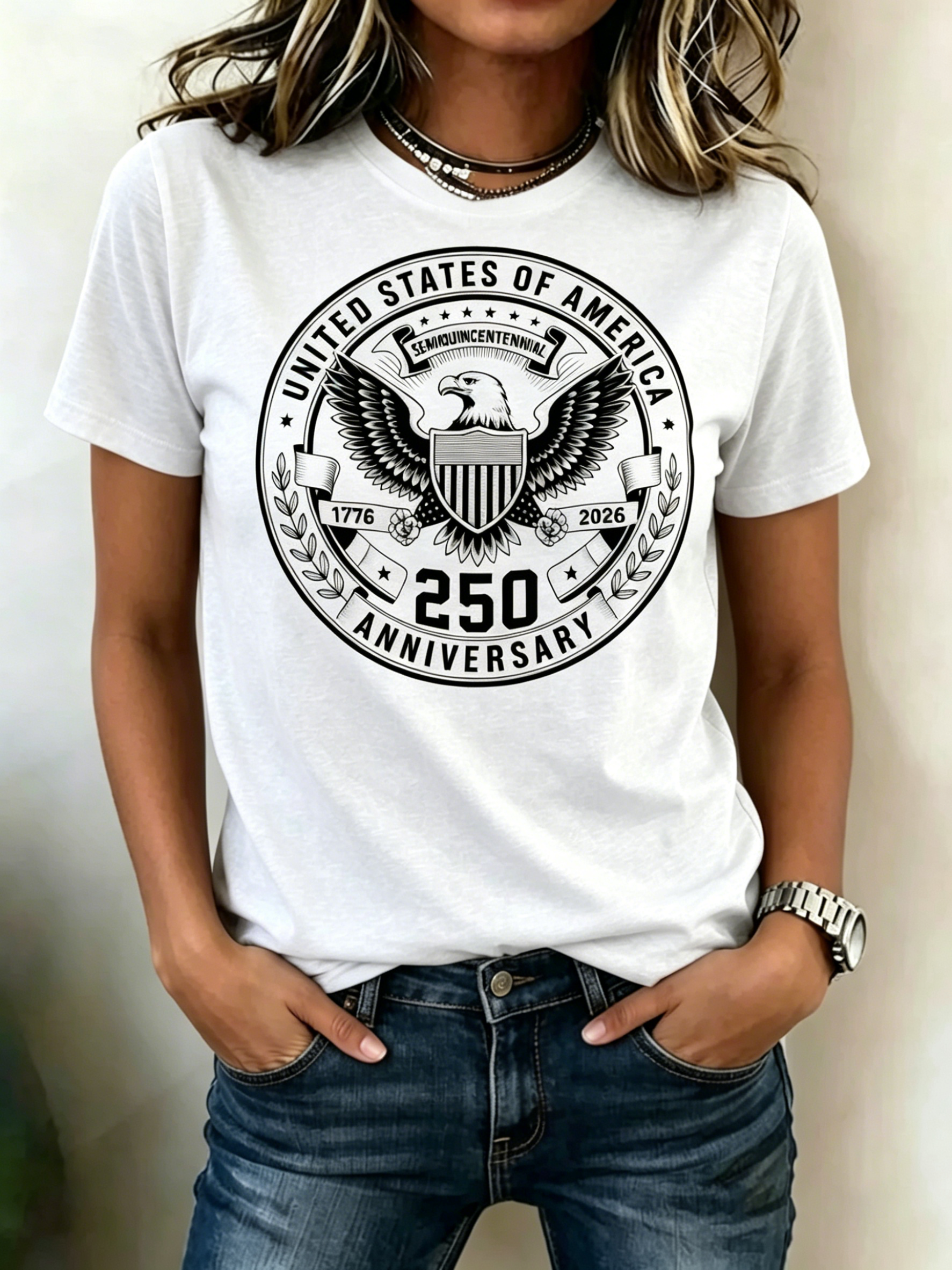 Vintage Black Line Eagle Seal USA 250th Anniversary Print Crew Neck Patriotic Casual Women Short Sleeve T-Shirt