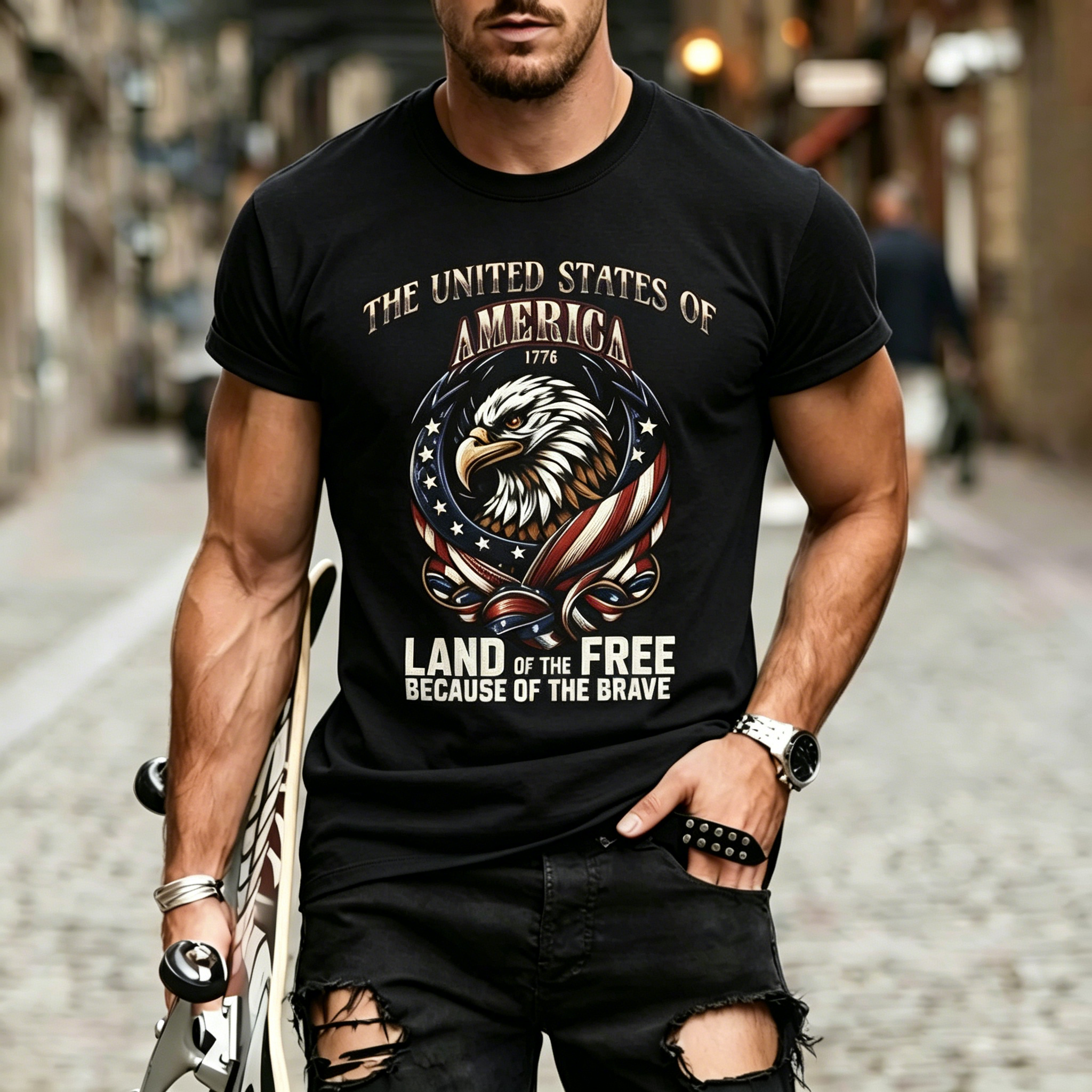 Patriotic 1776 Bald Eagle Twisted US Flag Land Of The Free Quote Print Oversized Crew Neck Men Basic Casual T-Shirt