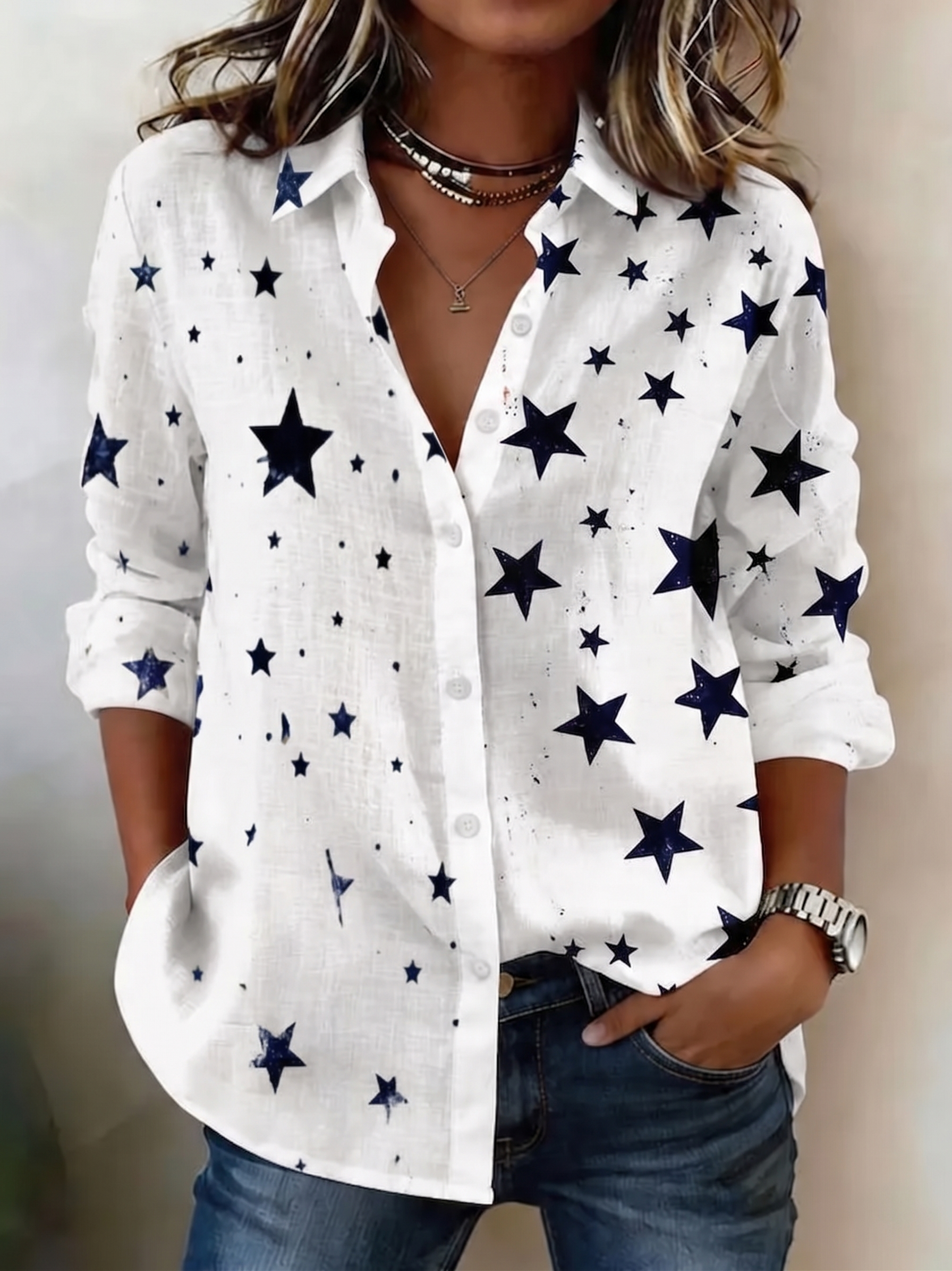Star Print Collared Long Sleeve Button Front Textured Linen Shirt for Women