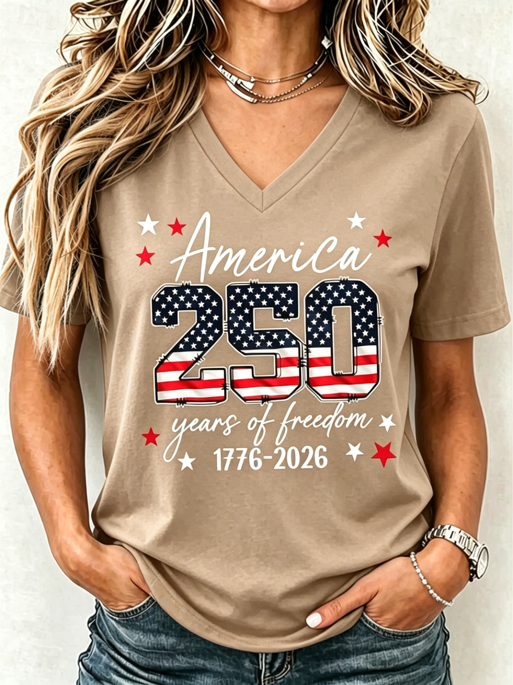 250 Years Of Freedom USA Flag Print V-Neck Casual Patriotic Short Sleeve Tee