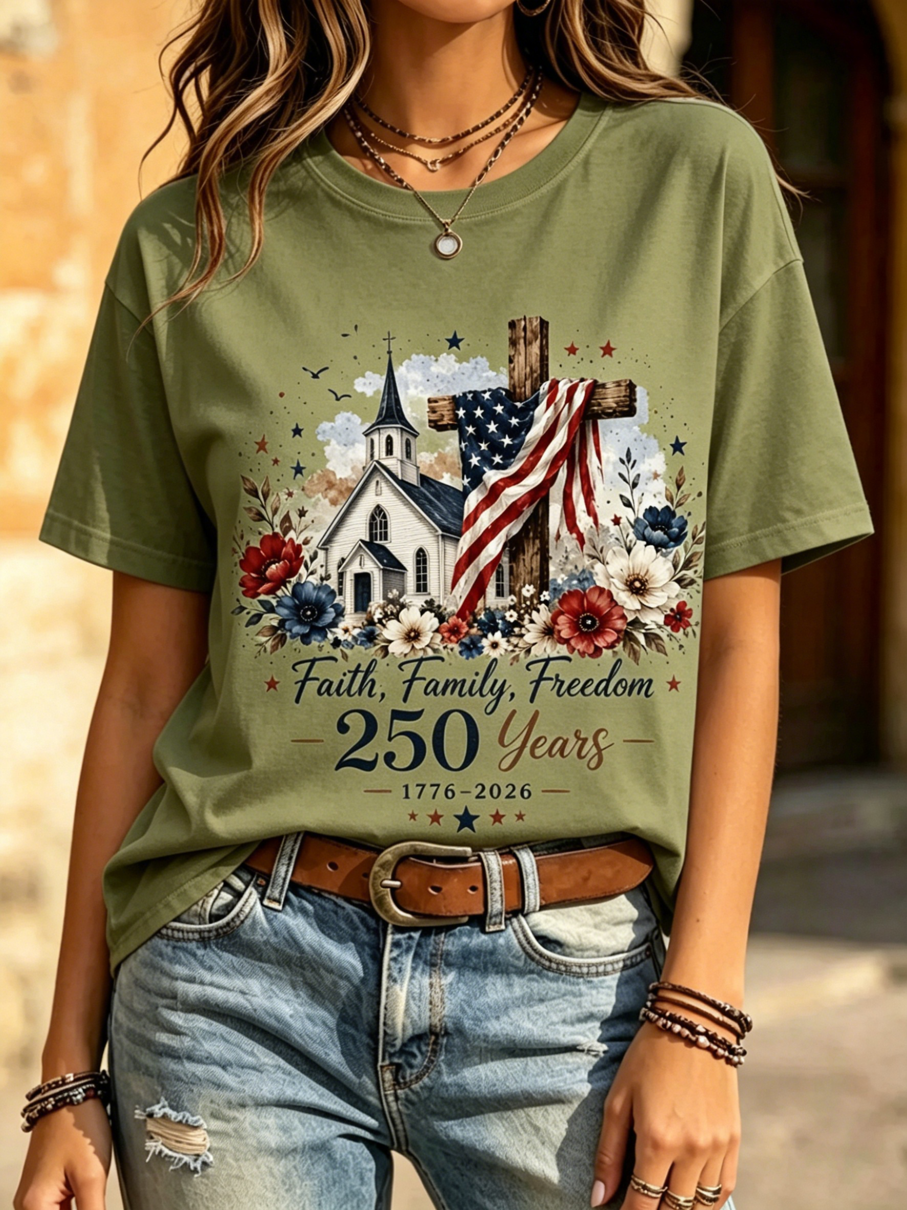 Vintage Faith Family Freedom 250th Anniversary Print Crew Neck T-Shirt for Women