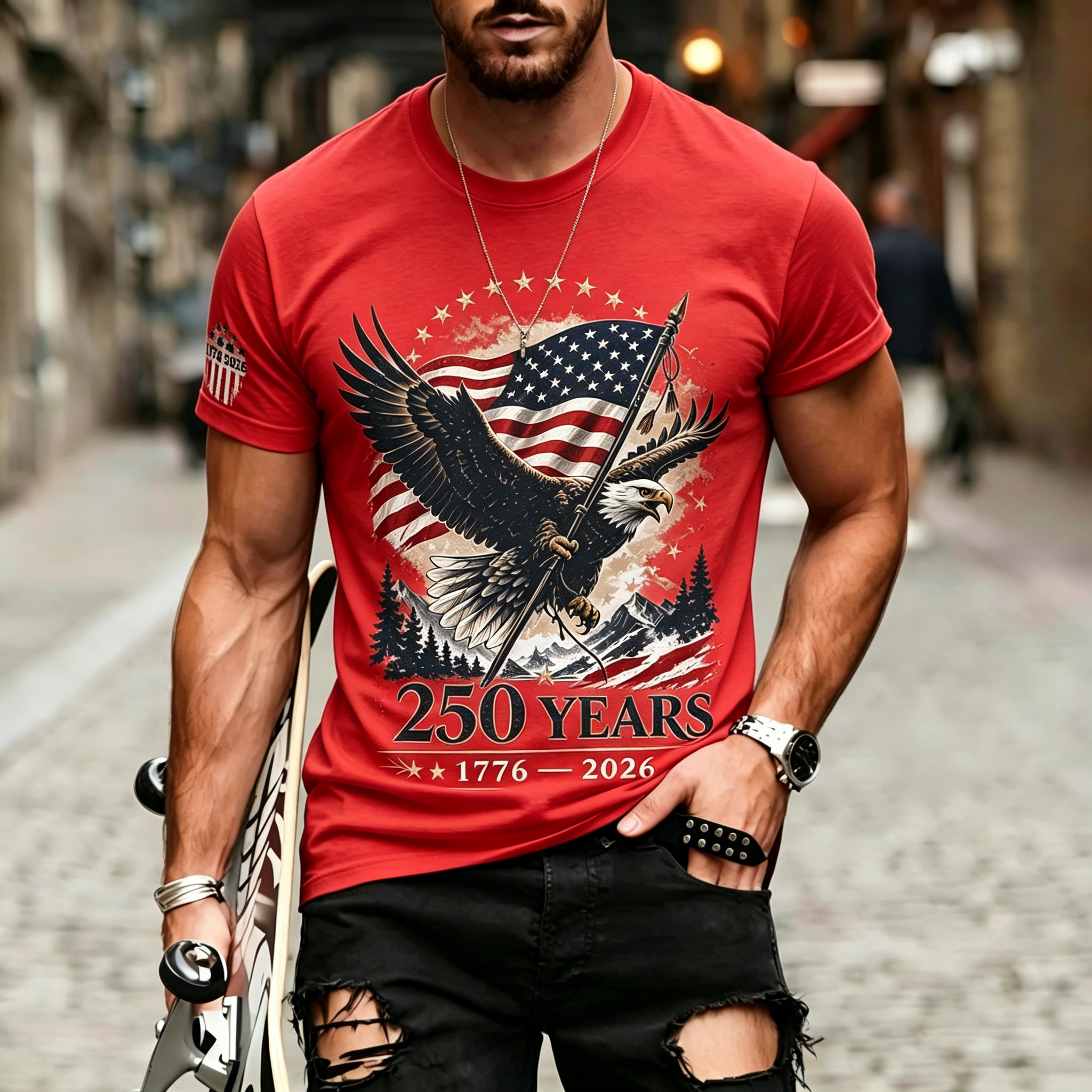 Vintage Eagle Mountain American Flag Sleeve Print Patriotic Crew Neck T-Shirt for Men