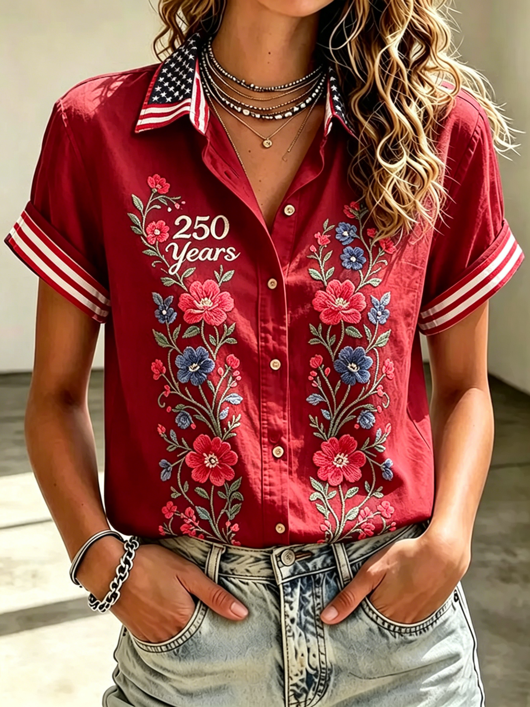Floral Embroidery USA Flag Collar Patriotic Short Sleeve Button Shirt Women Casual Summer Blouse
