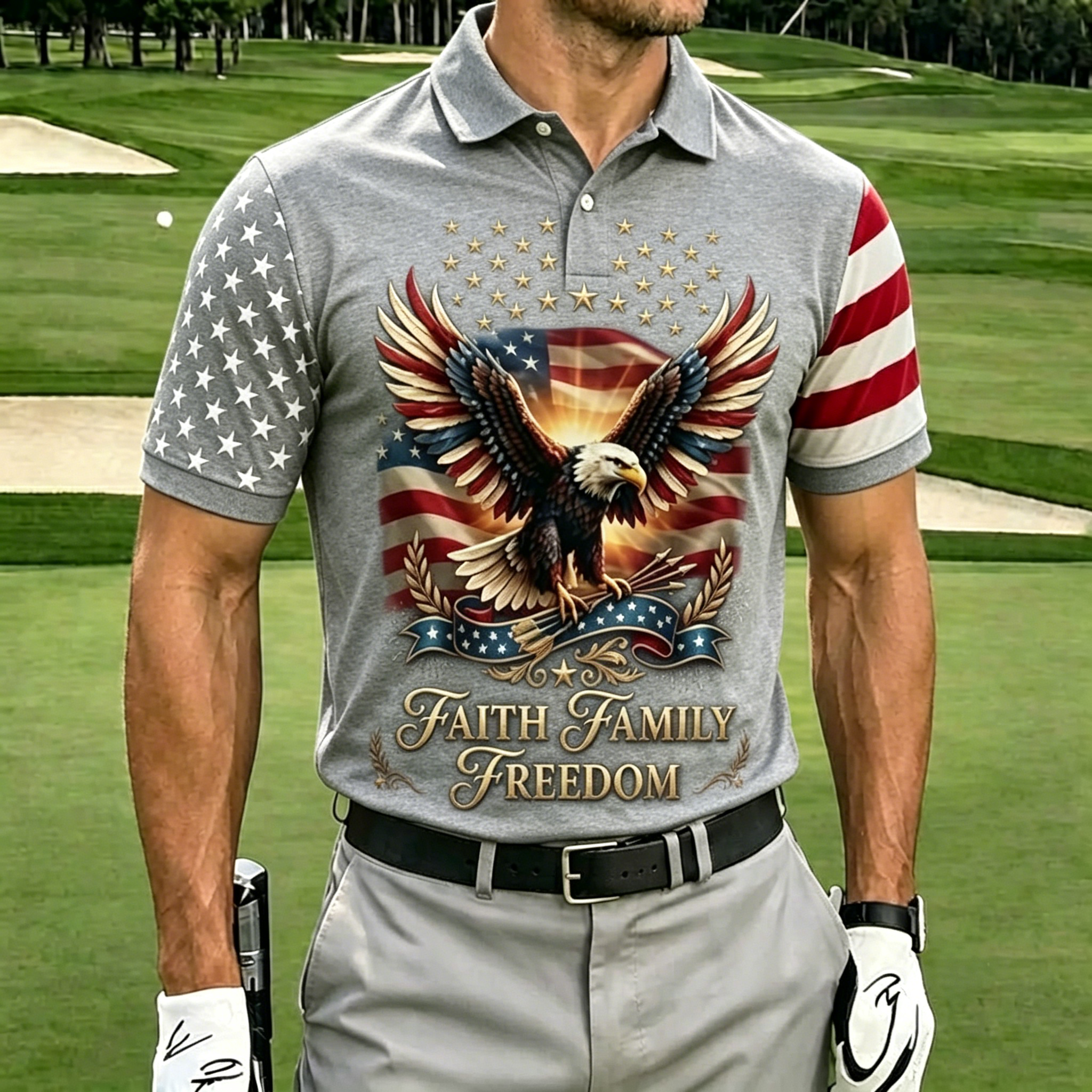Faith Family Freedom Bald Eagle USA Flag Star Stripe Raglan Sleeve Men Navy Golf Polo Shirt