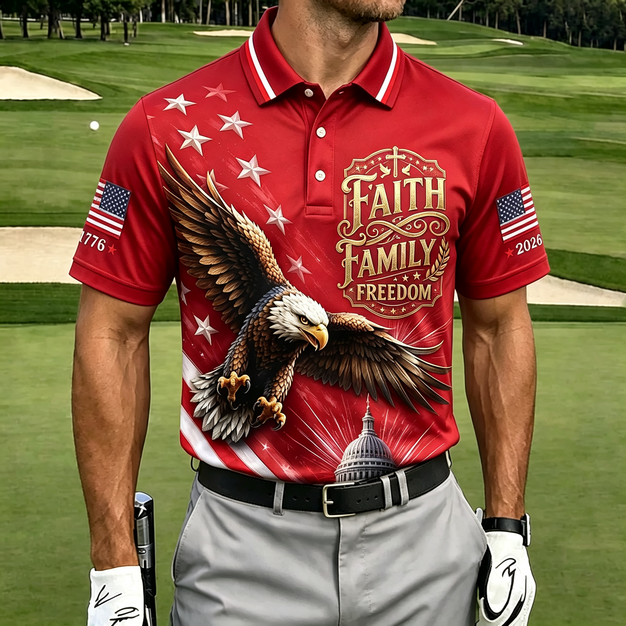 Faith Family Freedom Eagle Capitol Star Flag Men Golf Polo