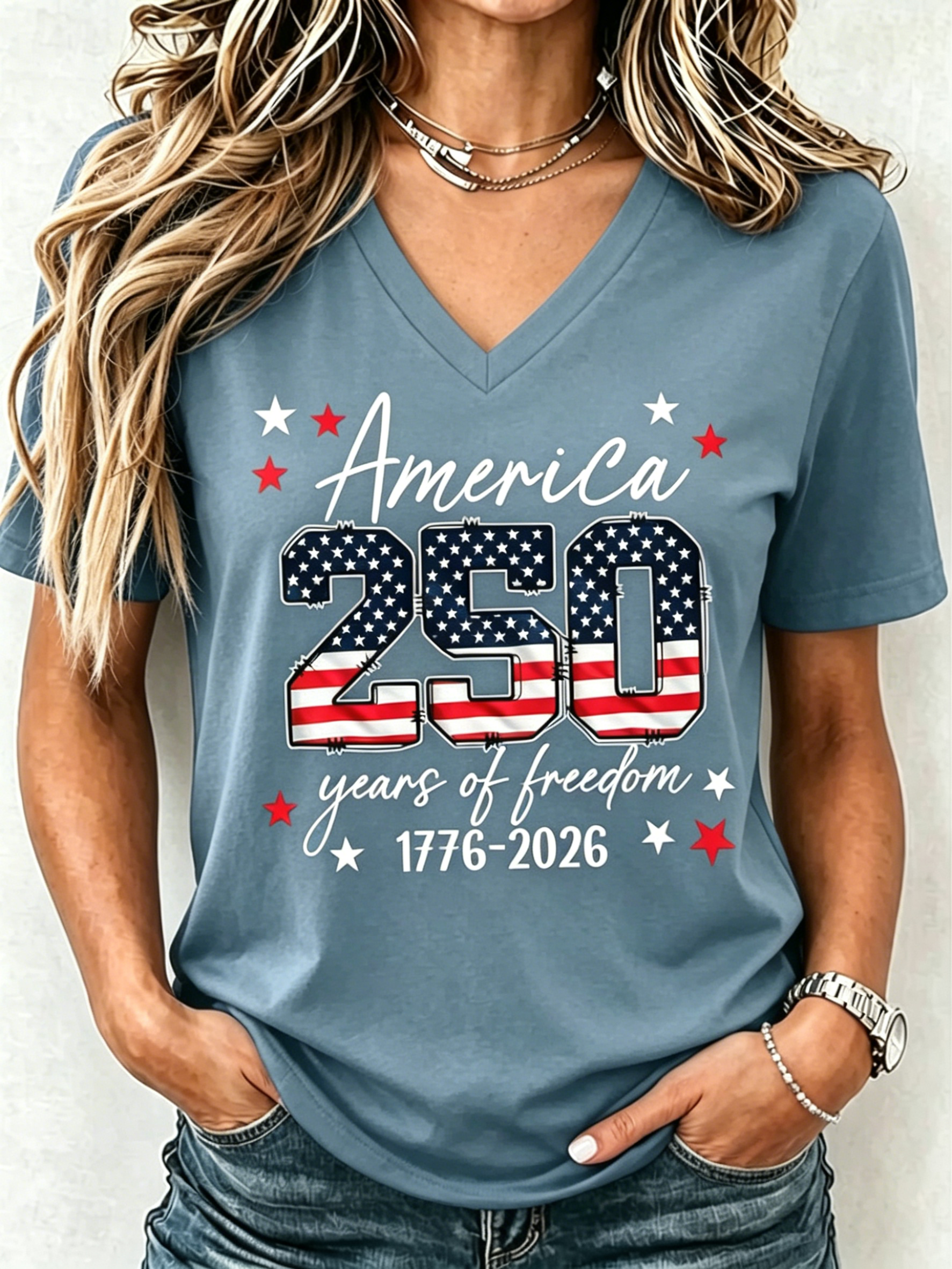 250 Years Of Freedom USA Flag Print V-Neck Casual Patriotic Short Sleeve Tee