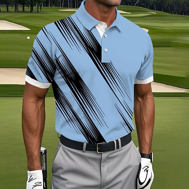Diagonal Streak Line Print Collar Golf Polo Shirt for Men