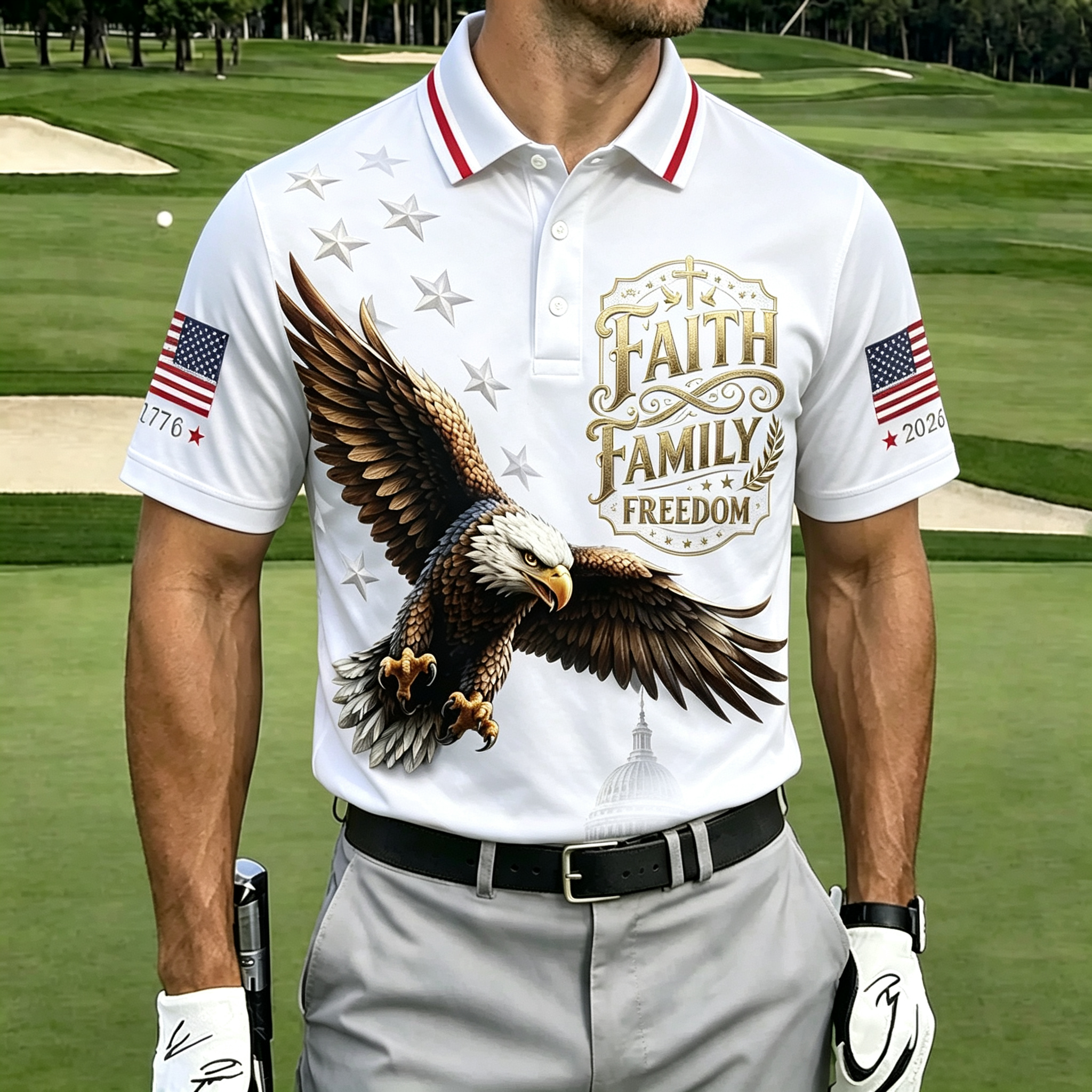 Faith Family Freedom Eagle Capitol Star Flag Men Golf Polo