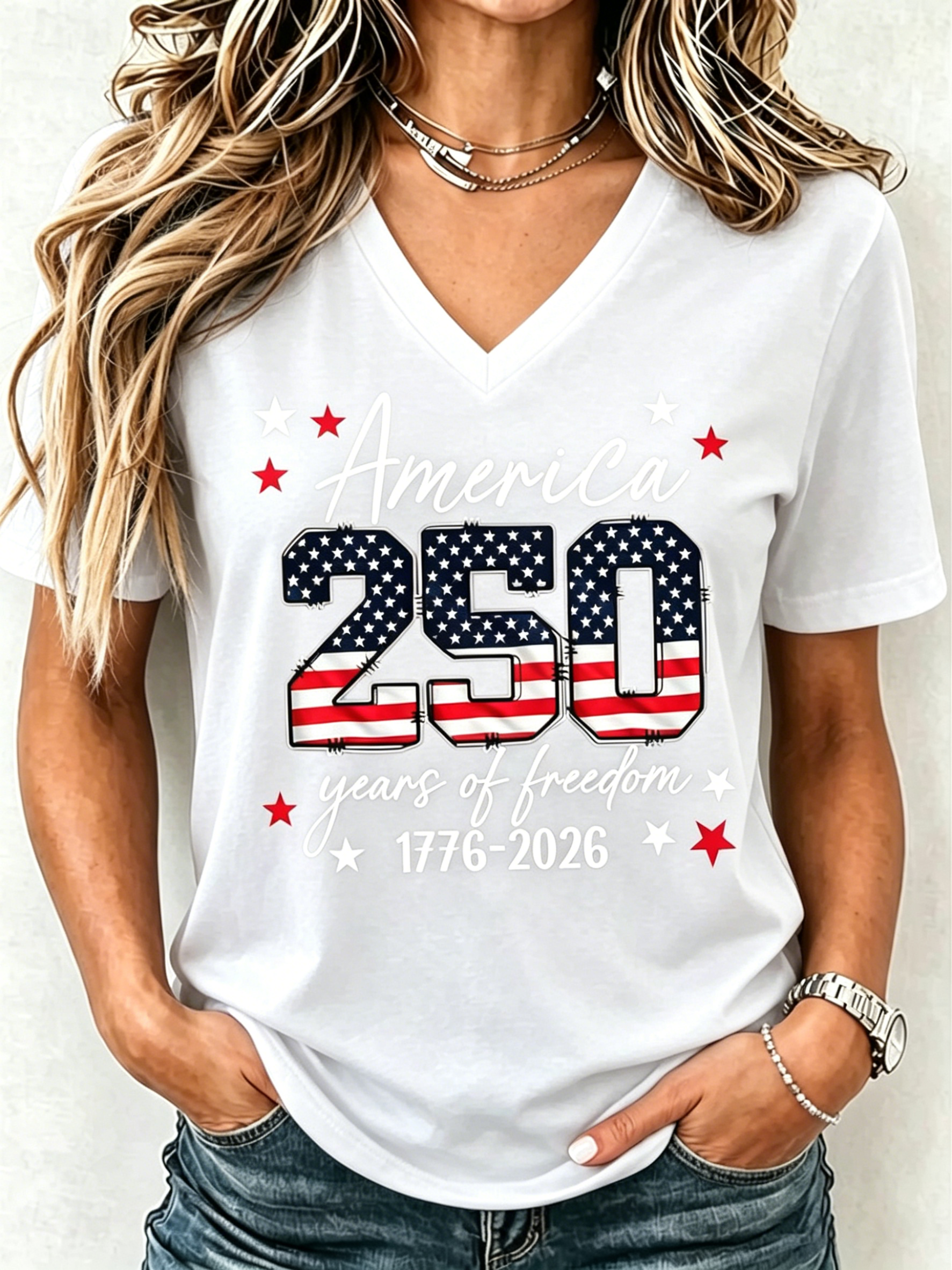 250 Years Of Freedom USA Flag Print V-Neck Casual Patriotic Short Sleeve Tee