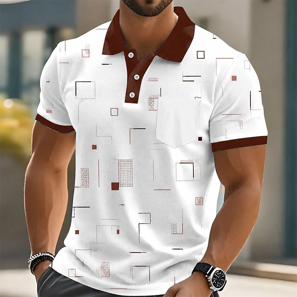 Geometric Square Line Print Contrast Collar Pocket Golf Polo Shirt for Men