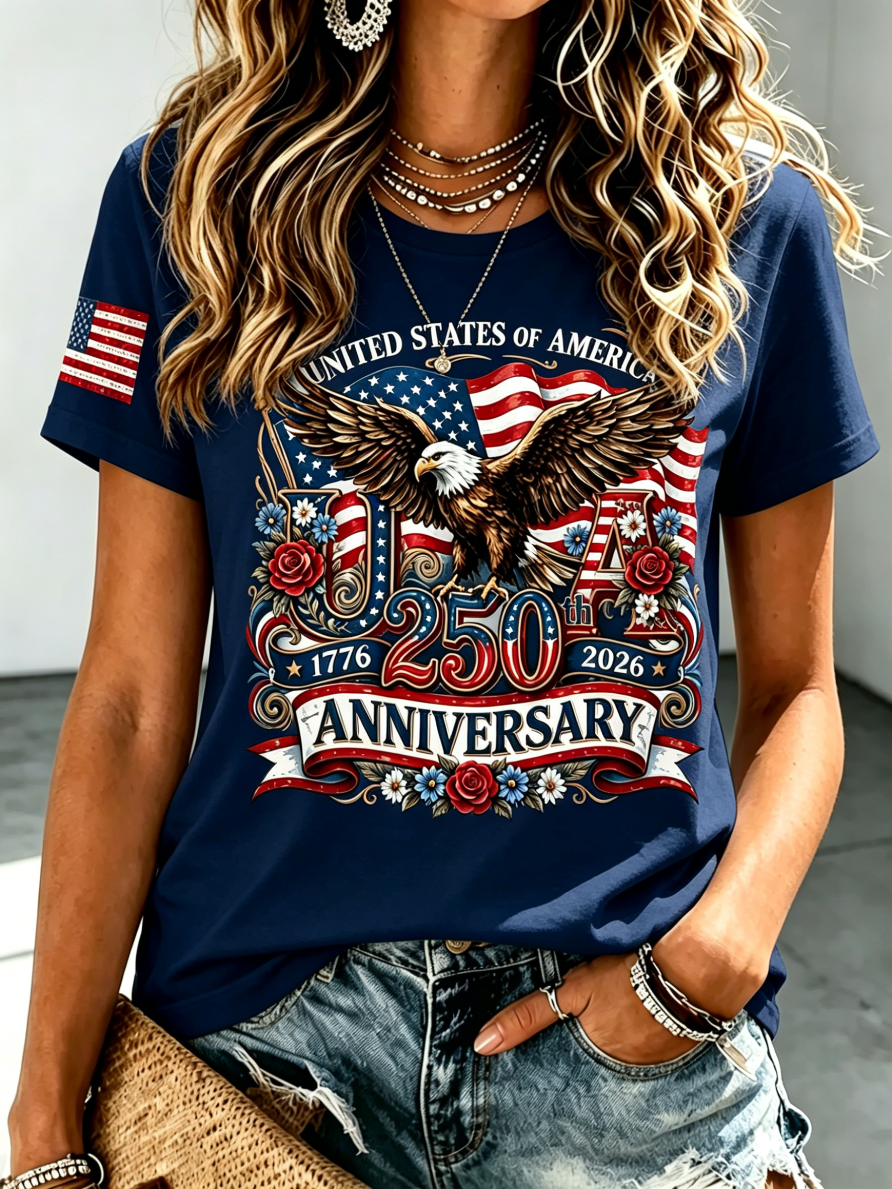 250th Floral Eagle Flag Sleeve Patriotic Crew Neck T-Shirt for Women