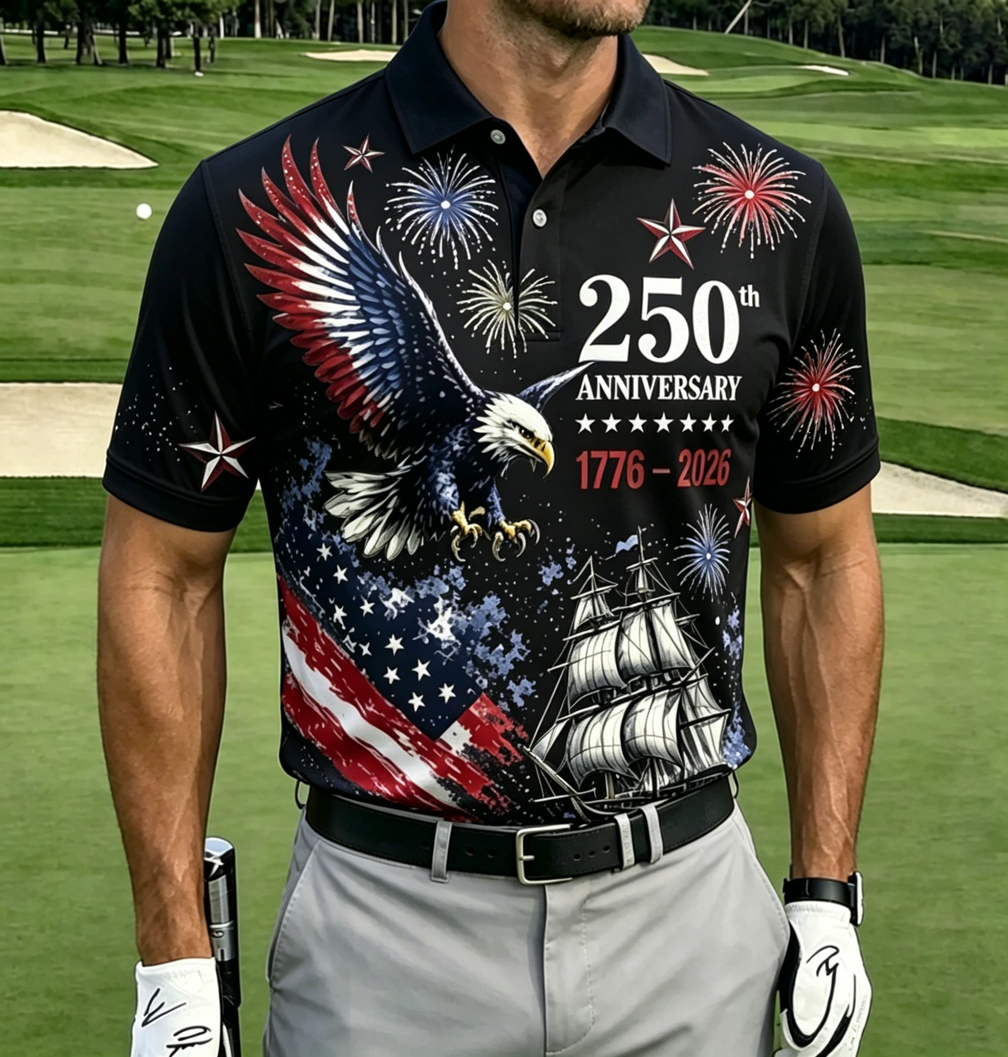 Vintage Eagle Sailing Ship Firework Flag Print Contrast Collar Golf Polo Shirt for Men