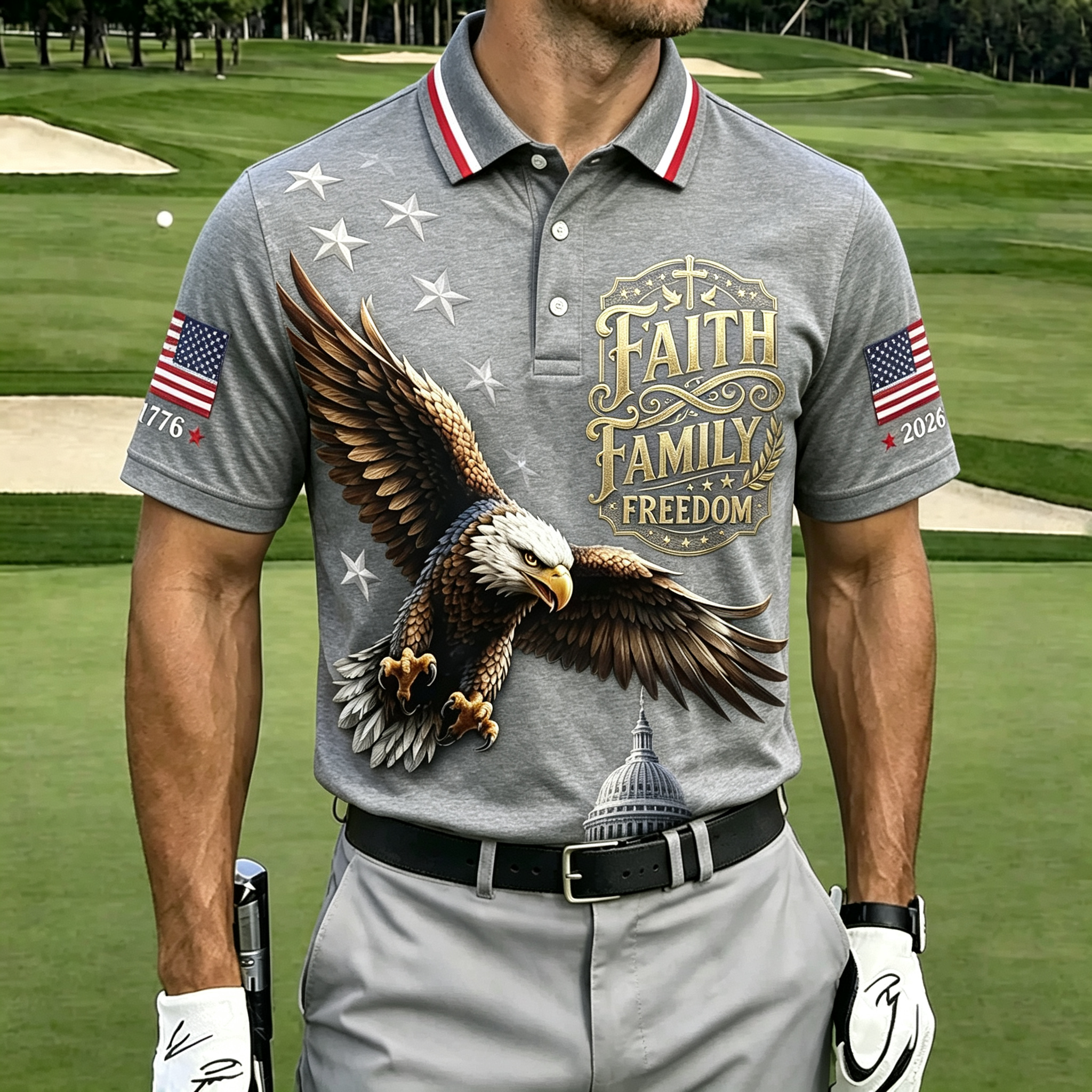 Faith Family Freedom Eagle Capitol Star Flag Men Golf Polo