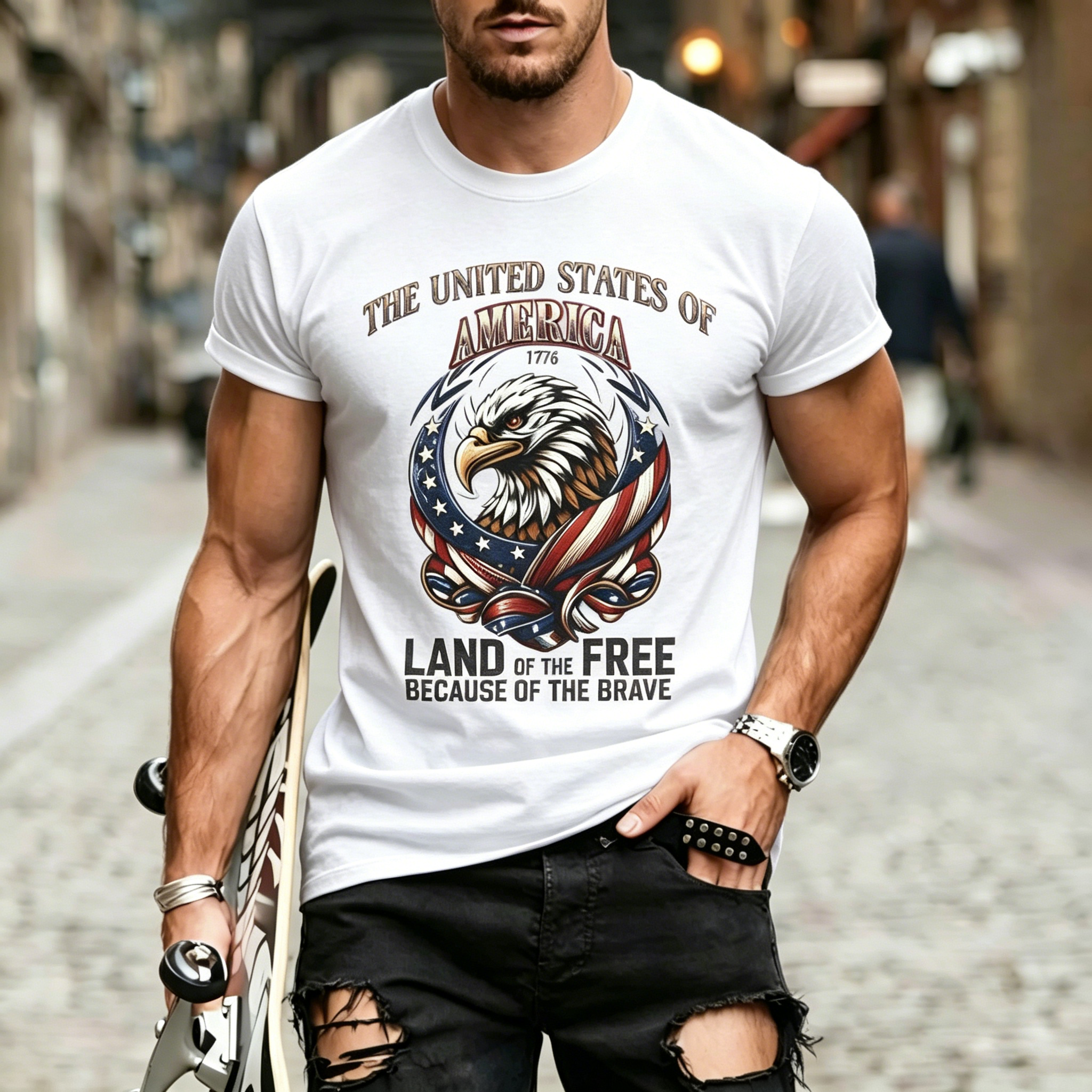 Patriotic 1776 Bald Eagle Twisted US Flag Land Of The Free Quote Print Oversized Crew Neck Men Basic Casual T-Shirt