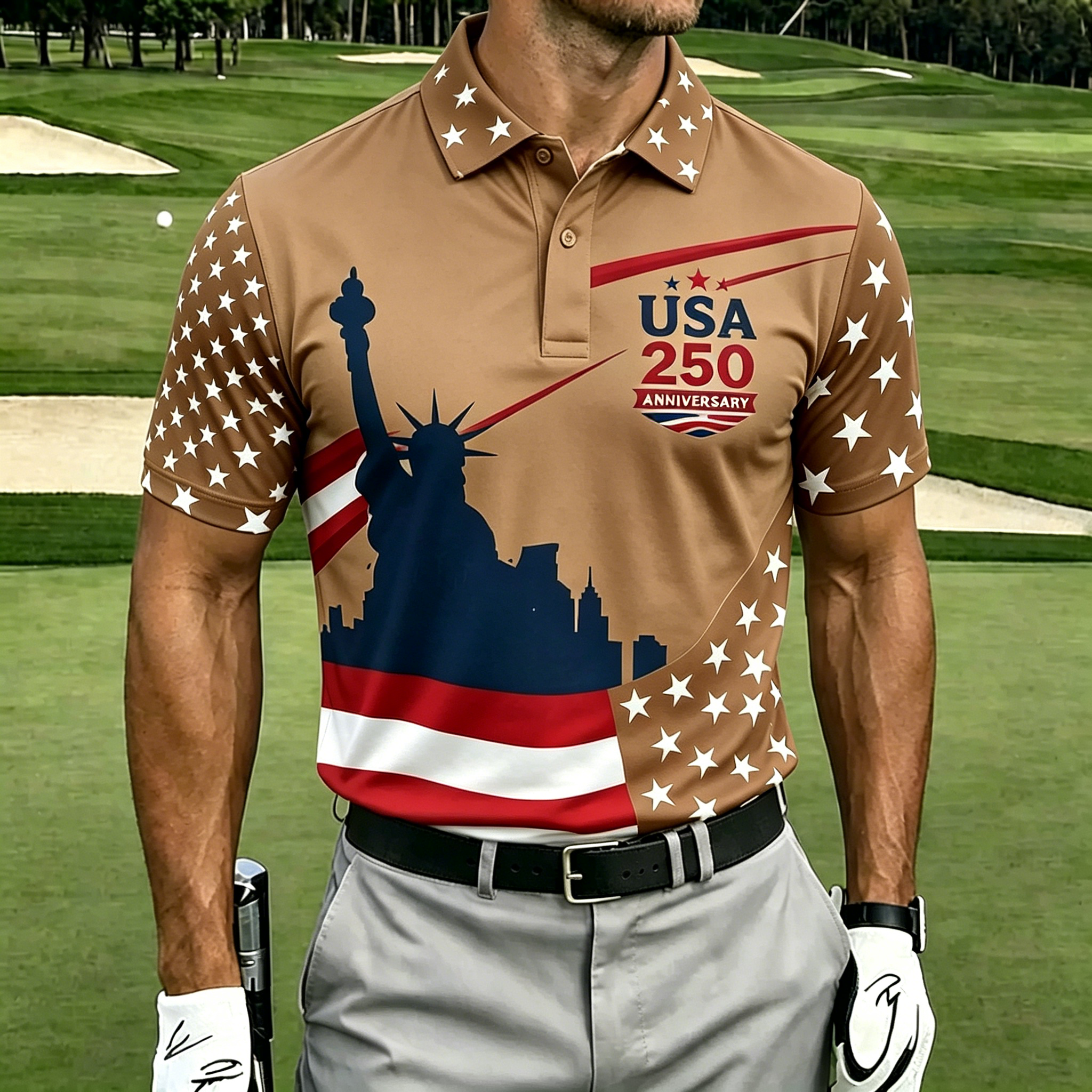 250th Anniversary Liberty Flag Print Men Short Sleeve Golf Polo Shirt
