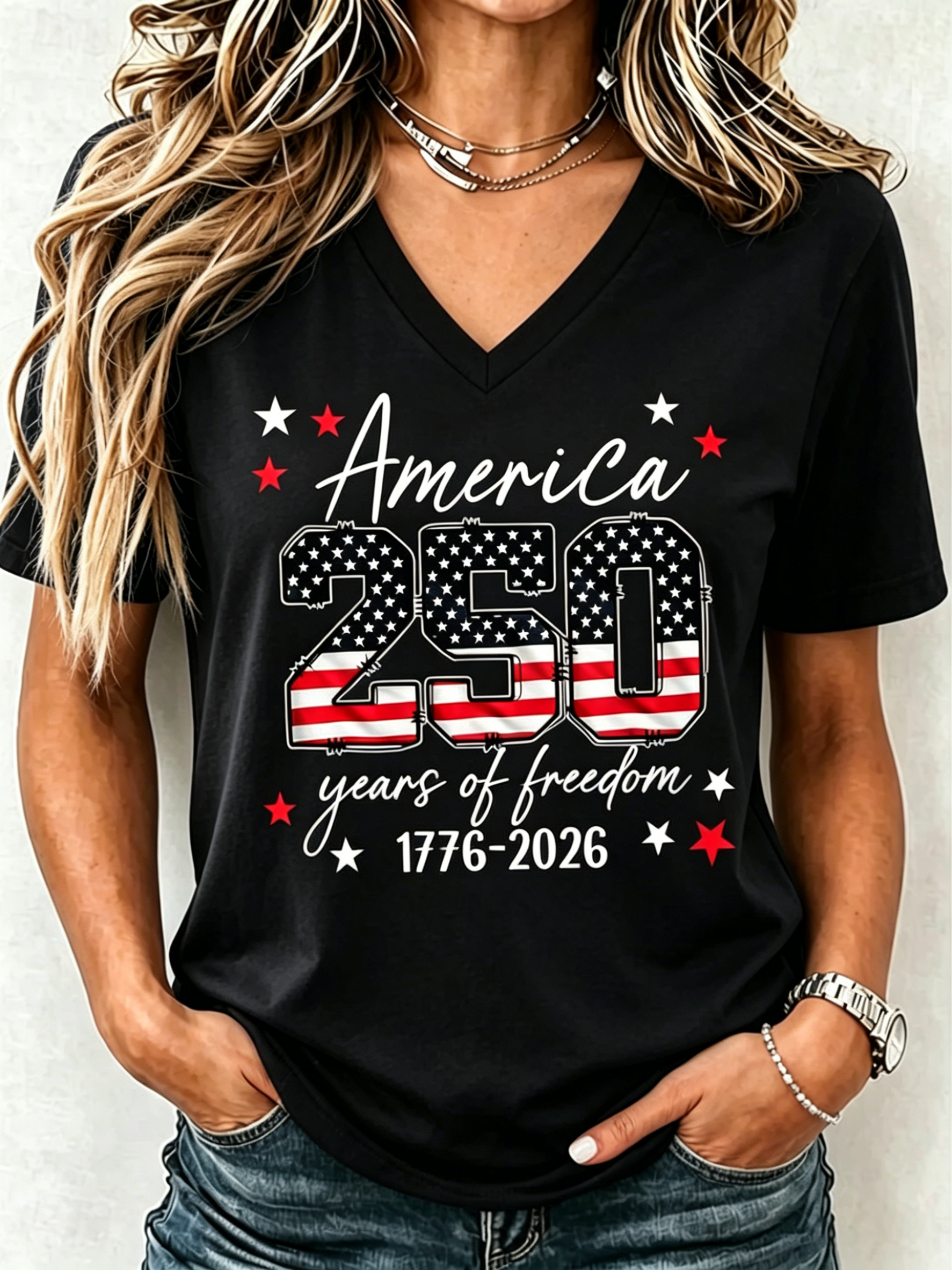 250 Years Of Freedom USA Flag Print V-Neck Casual Patriotic Short Sleeve Tee