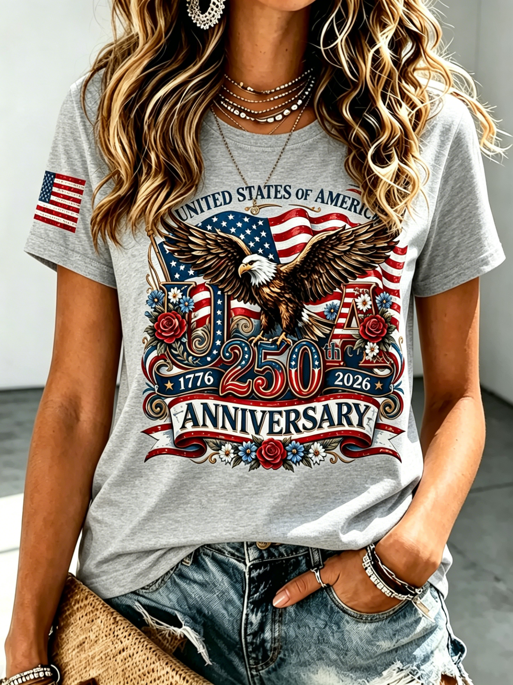 250th Floral Eagle Flag Sleeve Patriotic Crew Neck T-Shirt for Women