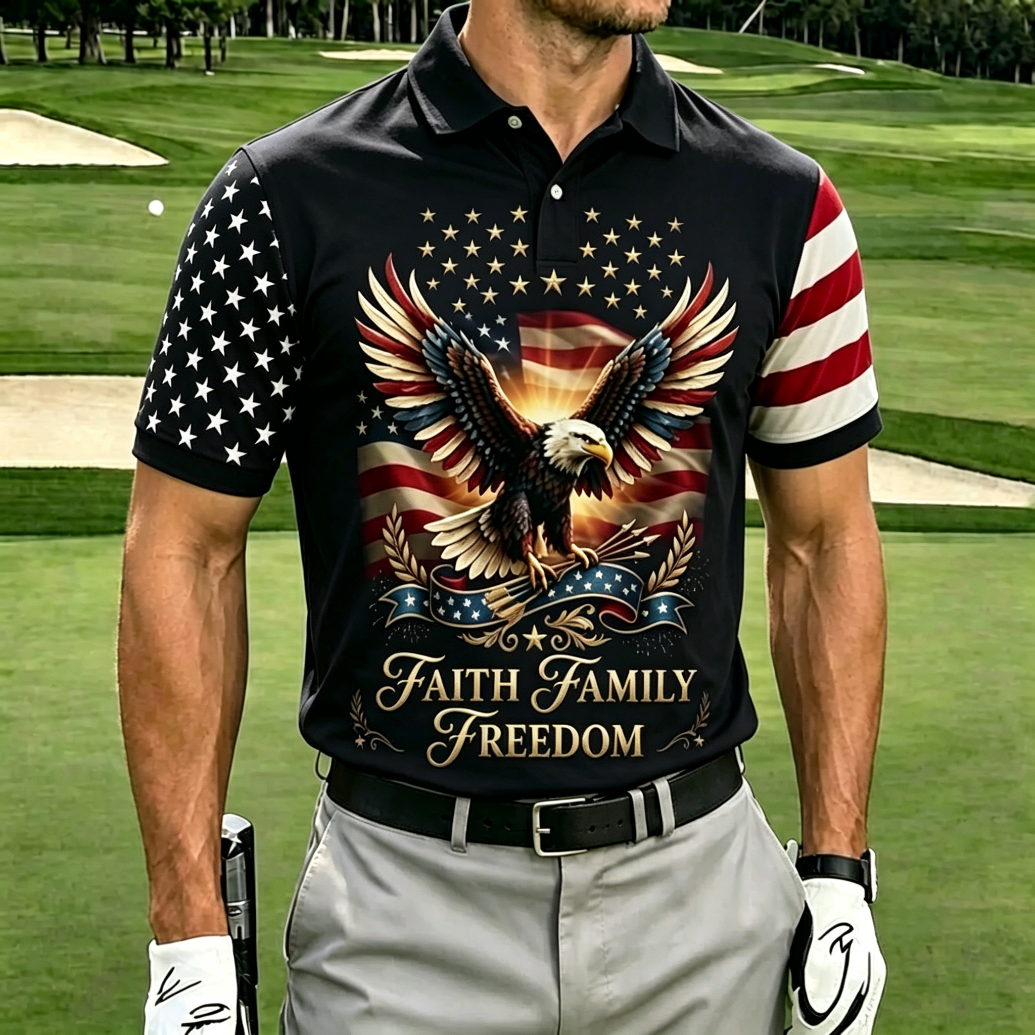 Faith Family Freedom Bald Eagle USA Flag Star Stripe Raglan Sleeve Men Navy Golf Polo Shirt