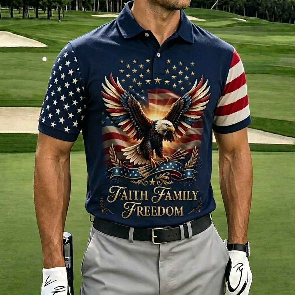 Faith Family Freedom Bald Eagle USA Flag Star Stripe Raglan Sleeve Men Navy Golf Polo Shirt