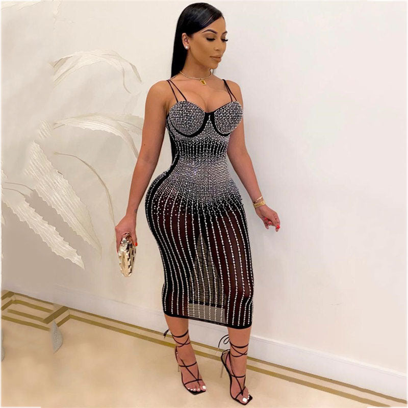 (S-5XL) Victoriana Mesh bodysuit dress with iridescent rhinestones