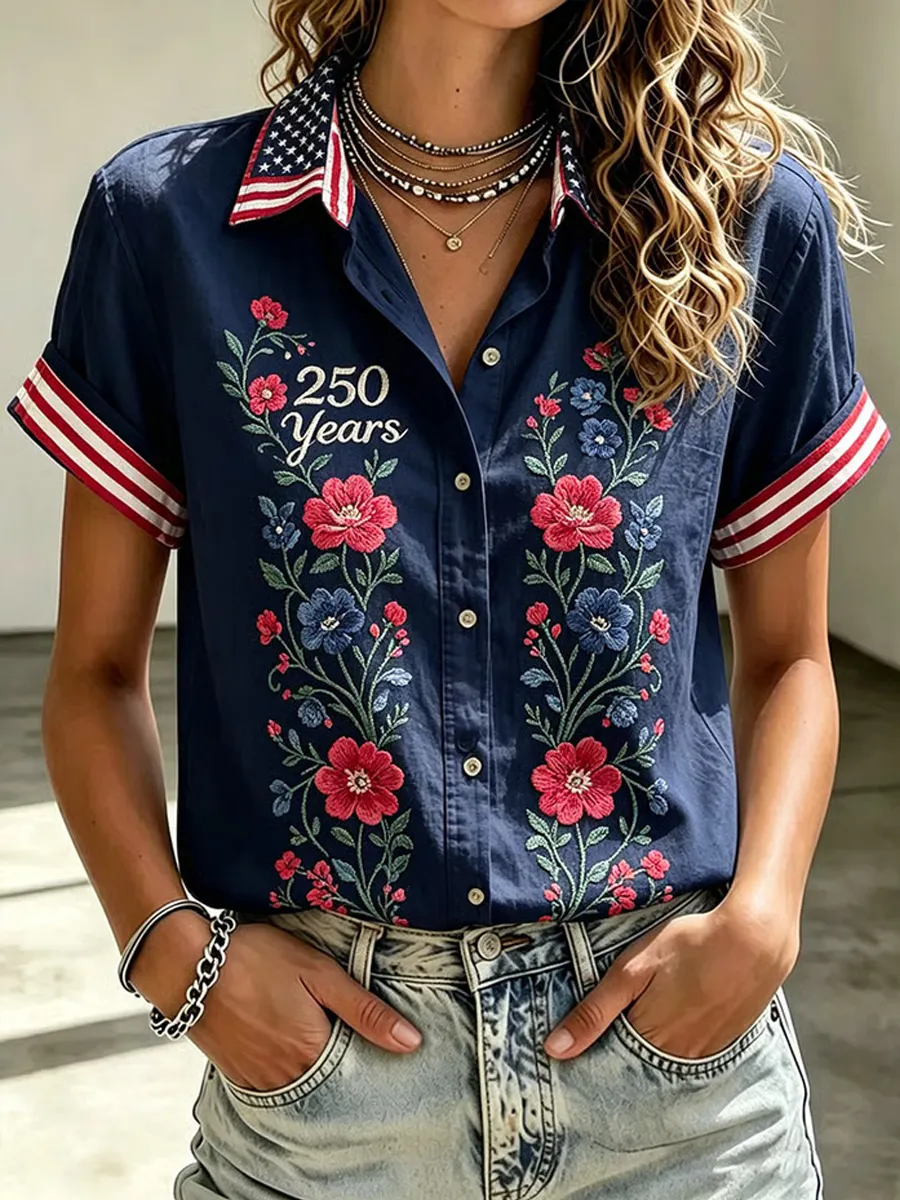 Floral Embroidery USA Flag Collar Patriotic Short Sleeve Button Shirt Women Casual Summer Blouse