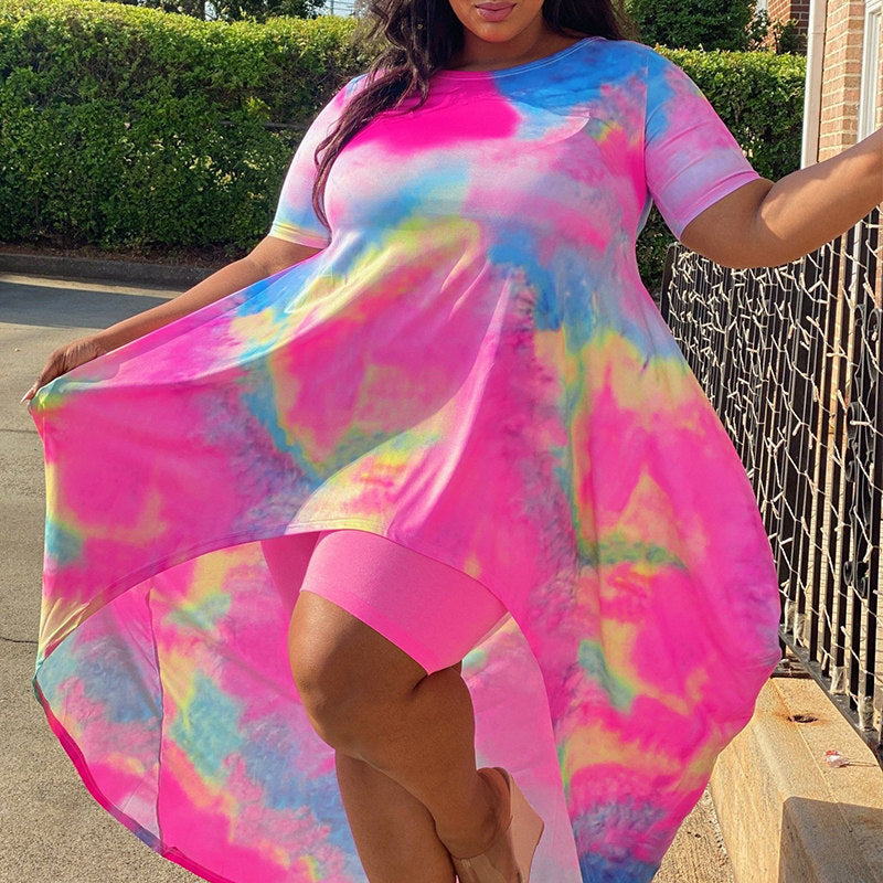 (2XL-5XL) Casual Print Tie Dye Asymmetrical O-neck Plus Size Two Pieces