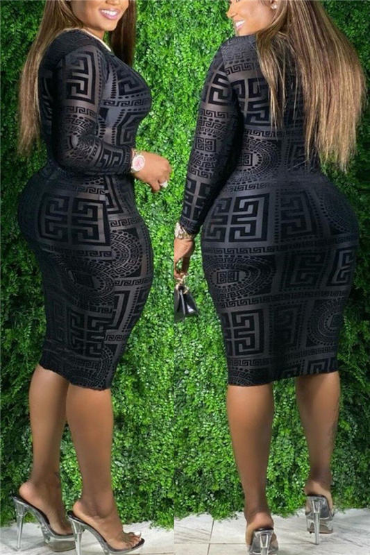 (S-5XL) Black short dress with print for plus sizes