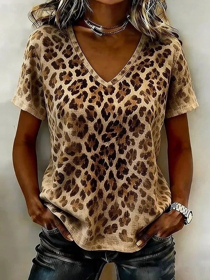 Leopard Print V Neck Short Sleeve T-Shirt for Women