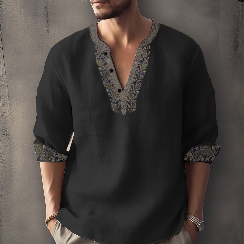 Boho Floral Trim V Neck Roll Sleeve Linen Henley Shirt for Men