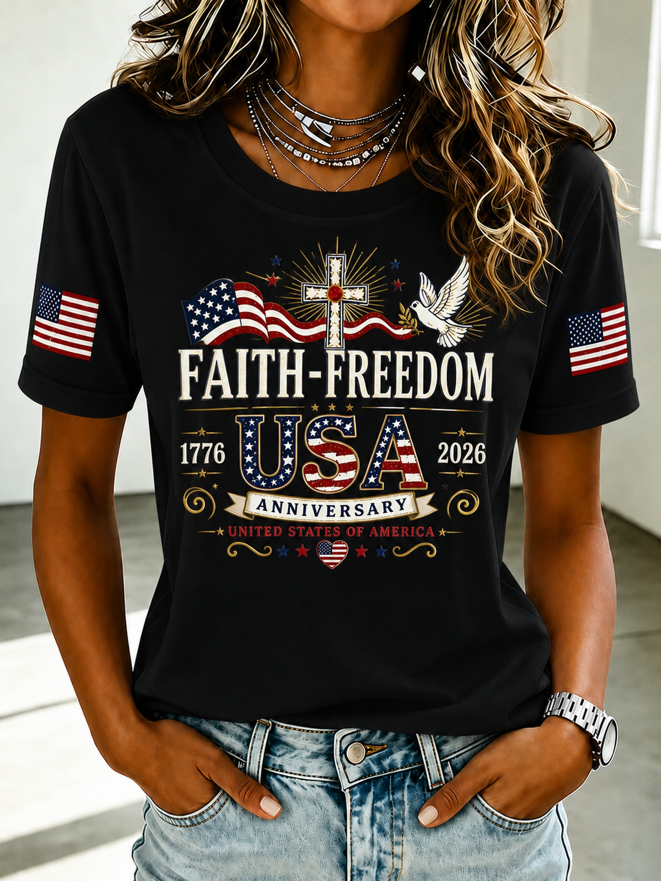 Faith Freedom Cross Dove Dual Flag Sleeve Patriotic Crew Neck T-Shirt for Women