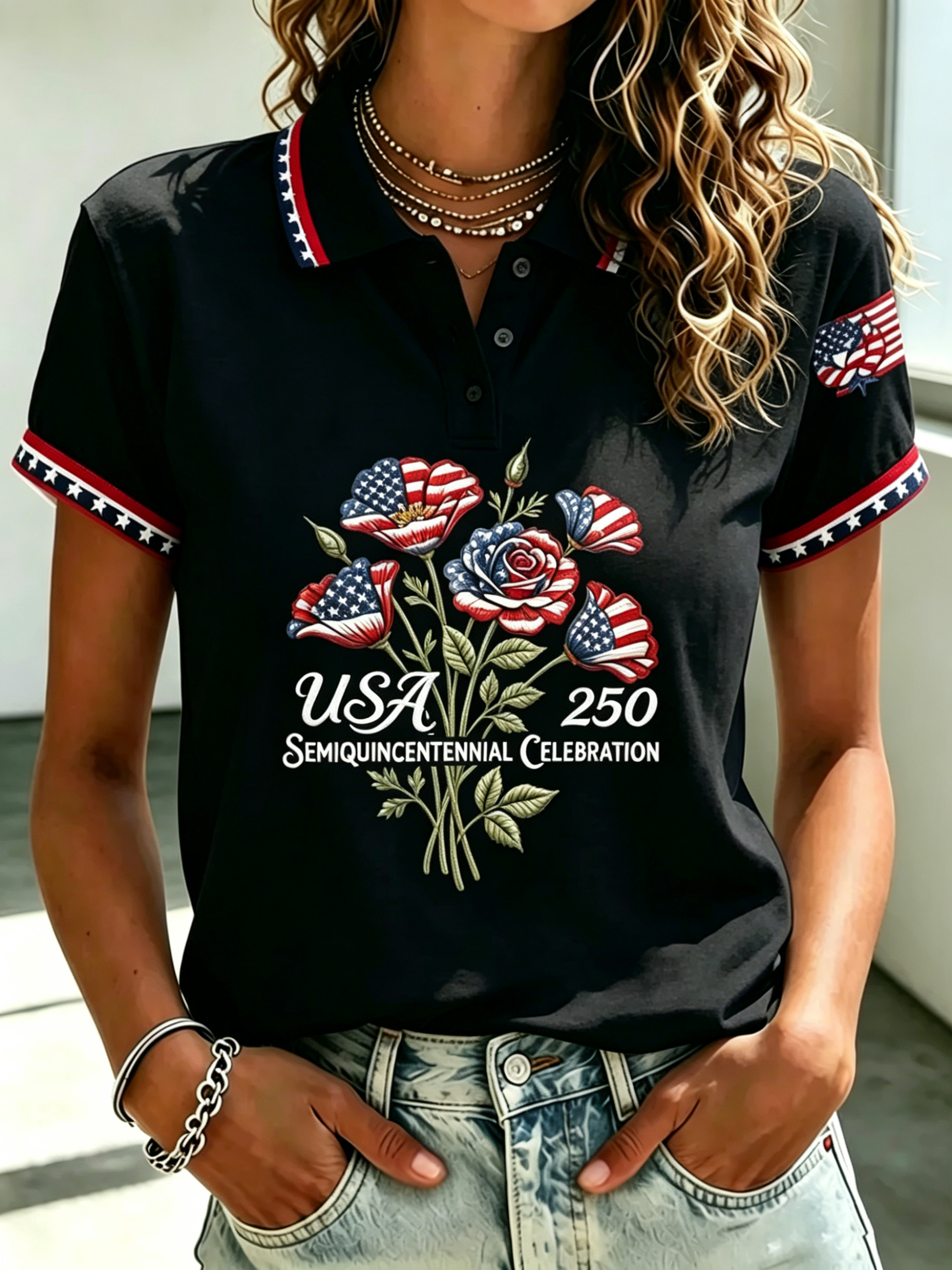 USA Flag Floral Rose Print Star Trim Collar Women Patriotic Short Sleeve Polo Top