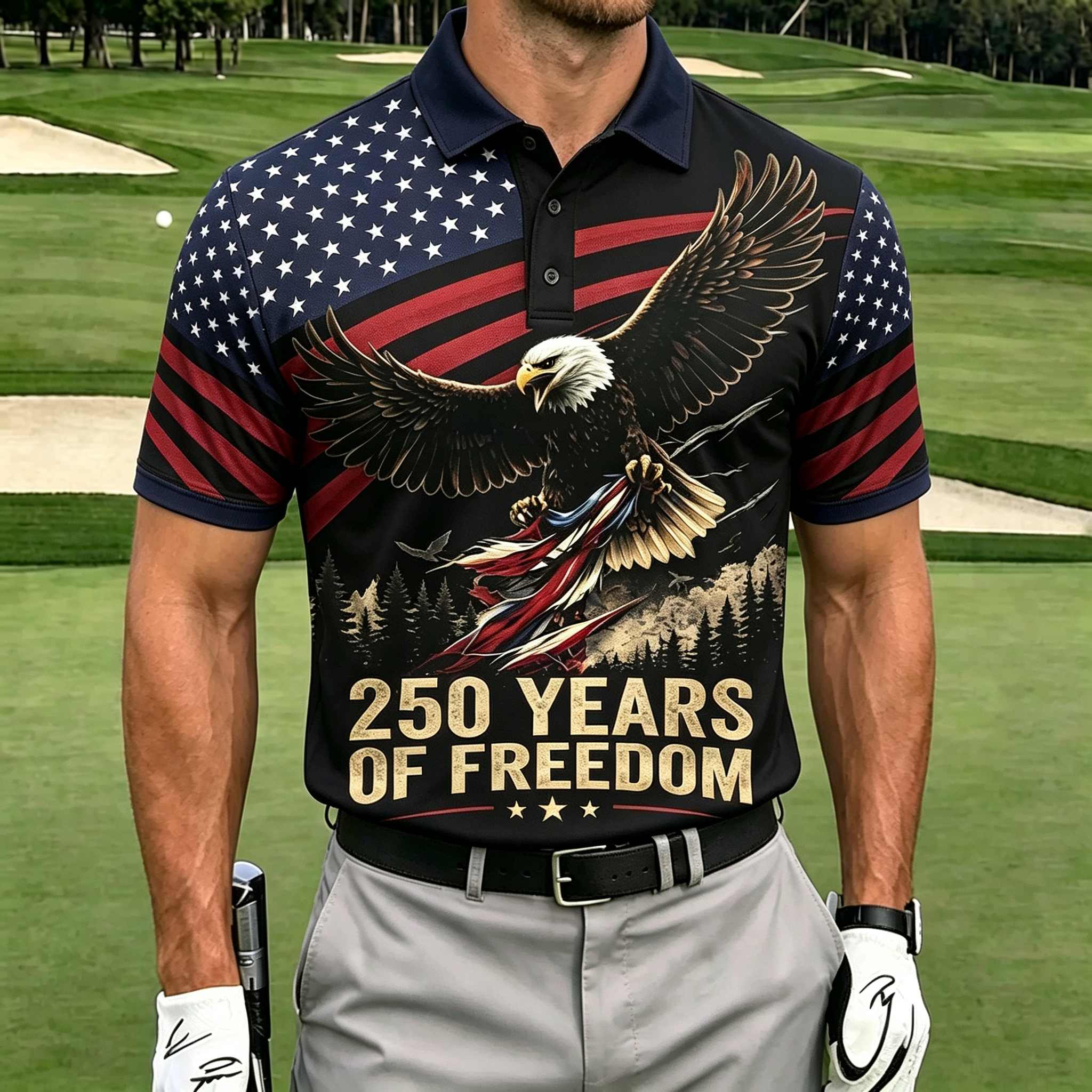 Flying Bald Eagle American Flag Patriotic Golf Polo For Men