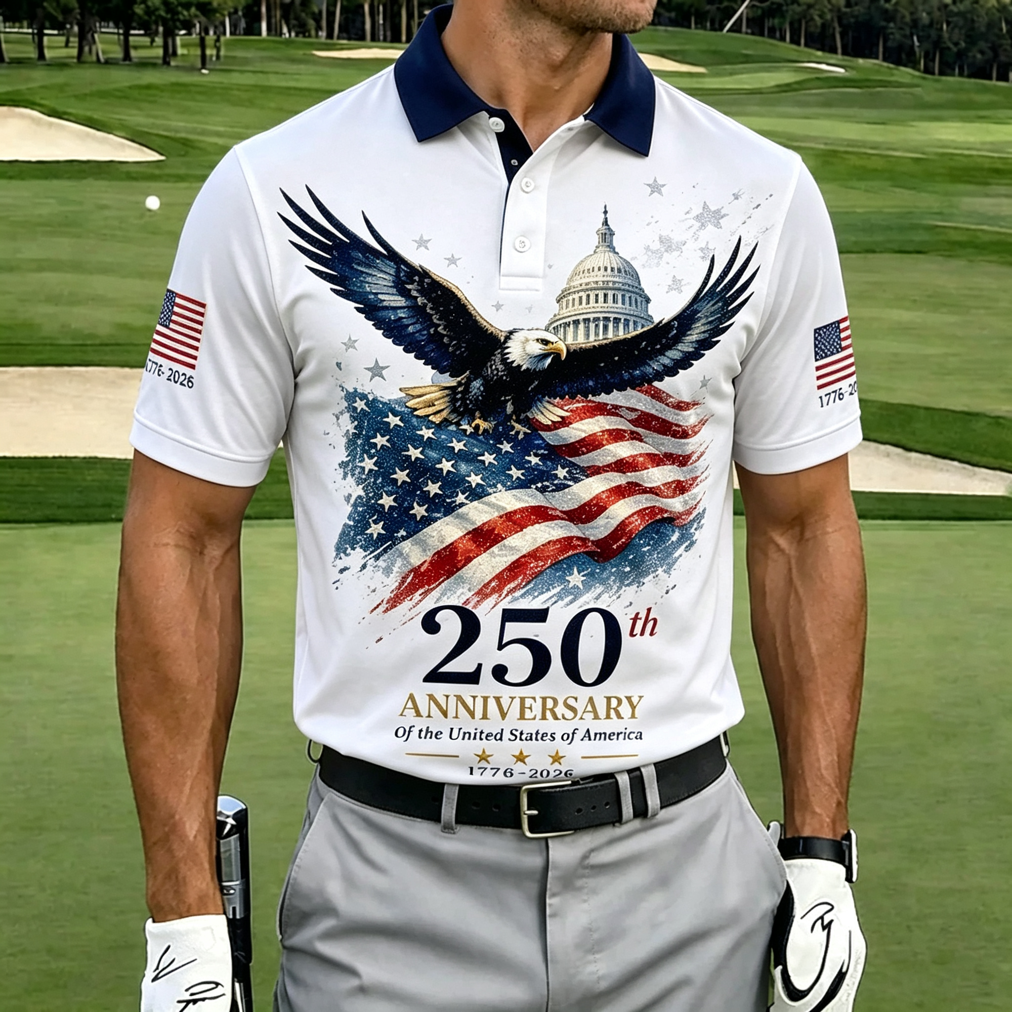 Flying Eagle Capitol Vintage Flag Patriotic Men Golf Polo
