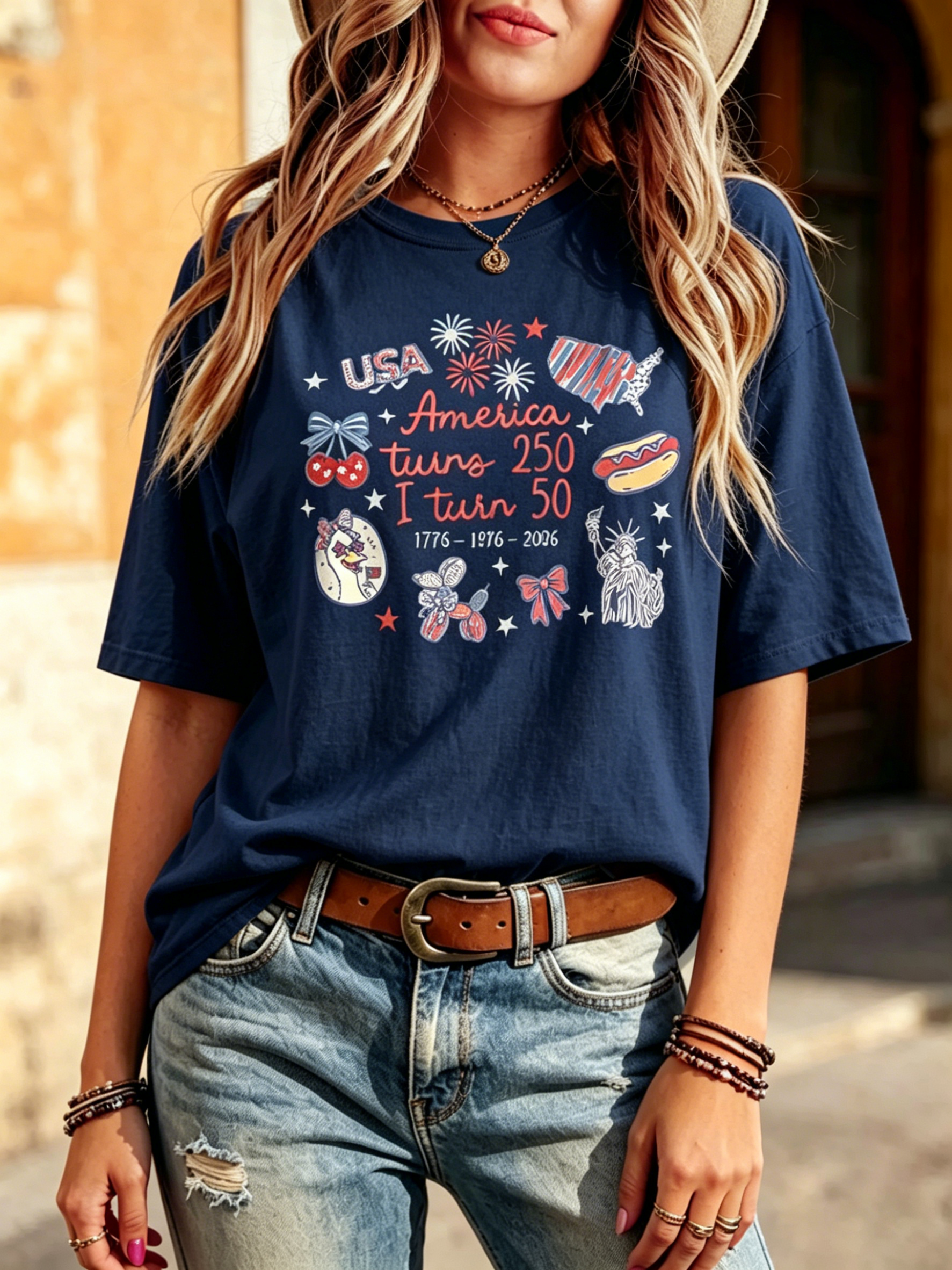 Vintage Doodle Patriotic America 250th & Personal 50th Birthday Print Oversized Crew Neck Casual Women Short Sleeve T-Shirt