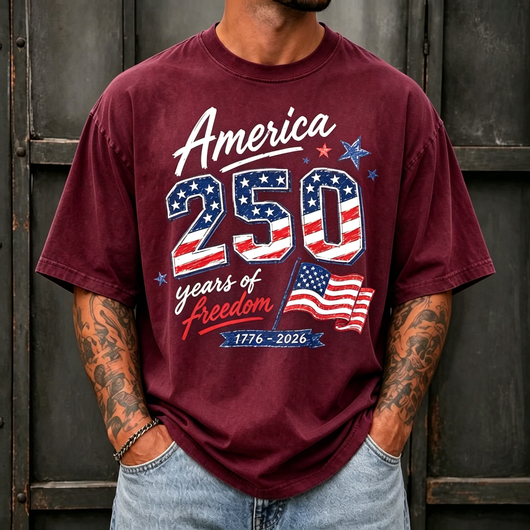 America 250 Years of Freedom US Flag Patriotic Print Oversized Men Crew Neck Washed Short Sleeve Tee