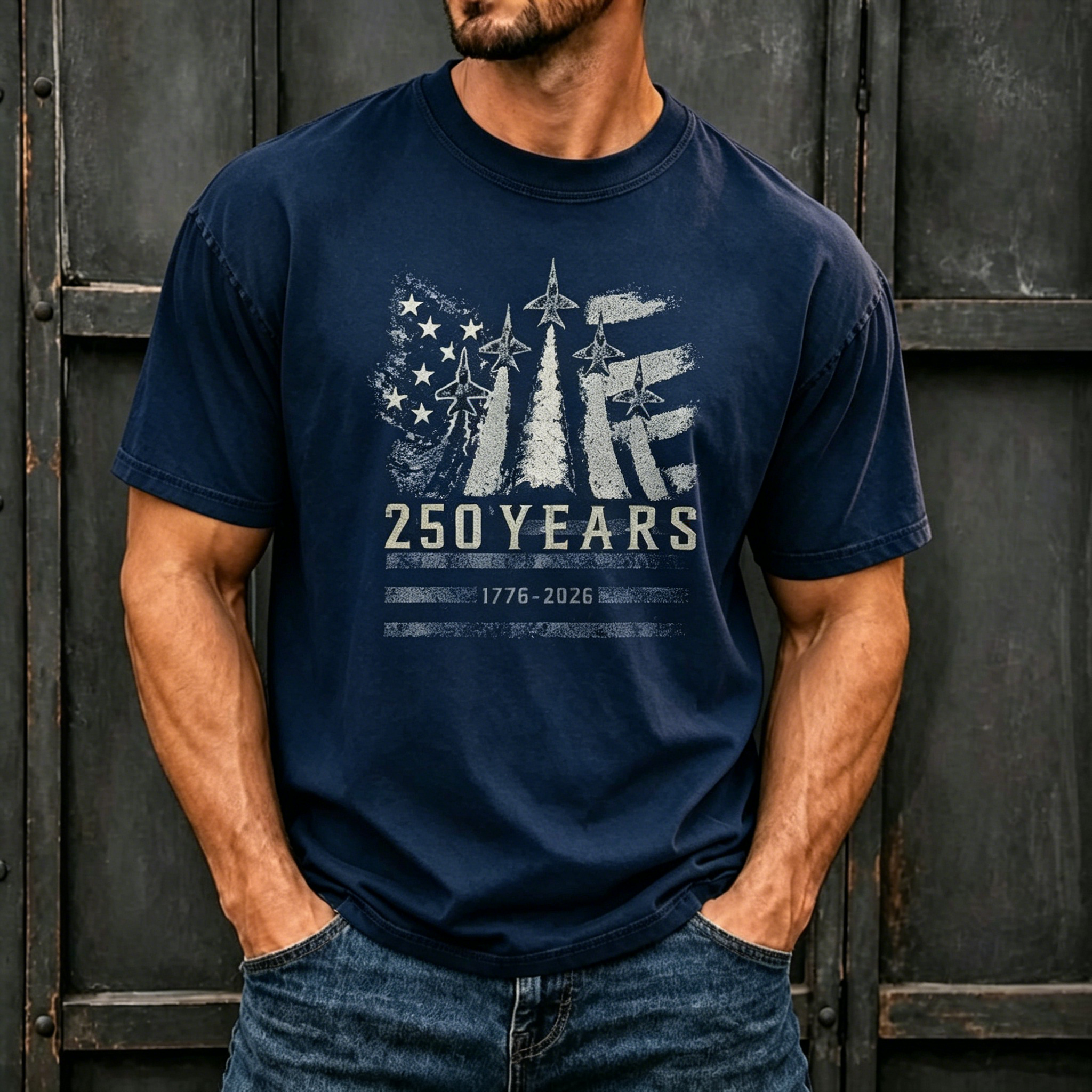 Fighter Jet Distressed US Flag 250 Years Patriotic Print Oversized Men Crew Neck Washed Short Sleeve Tee